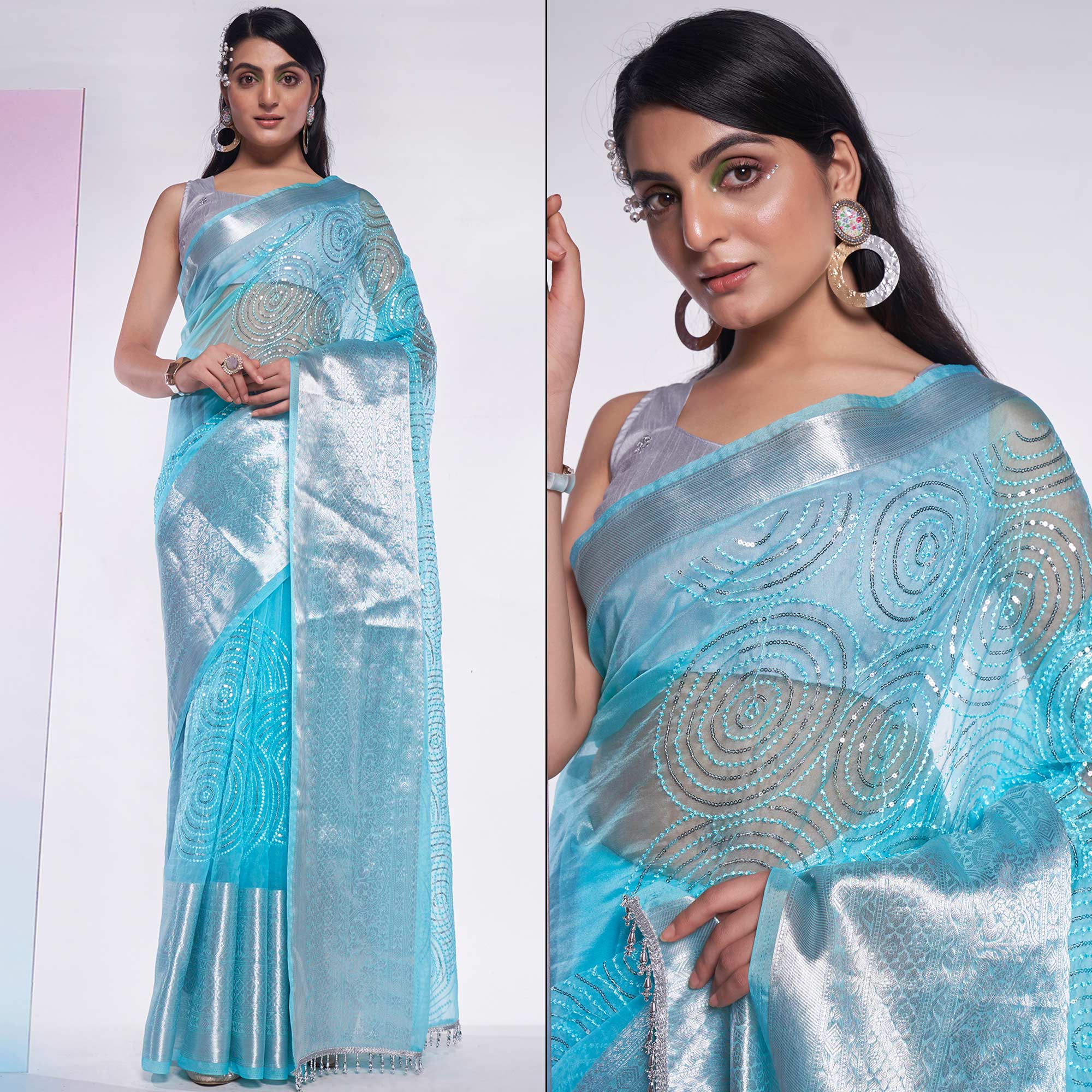 Blue Sequins Embroidered Organza Saree