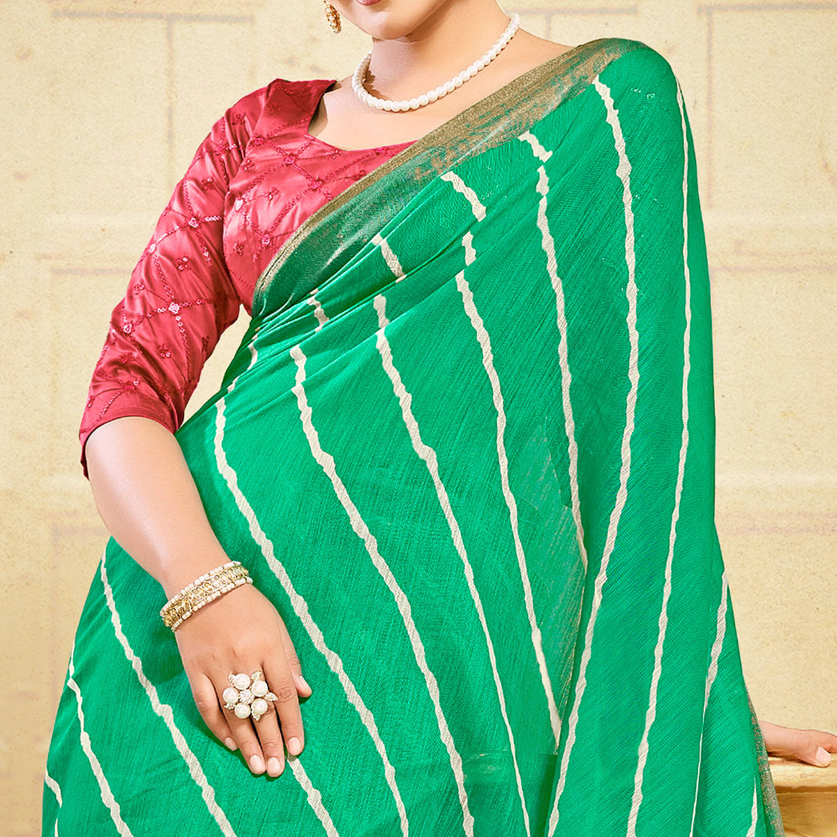 Green Leheriya Printed Linen Saree