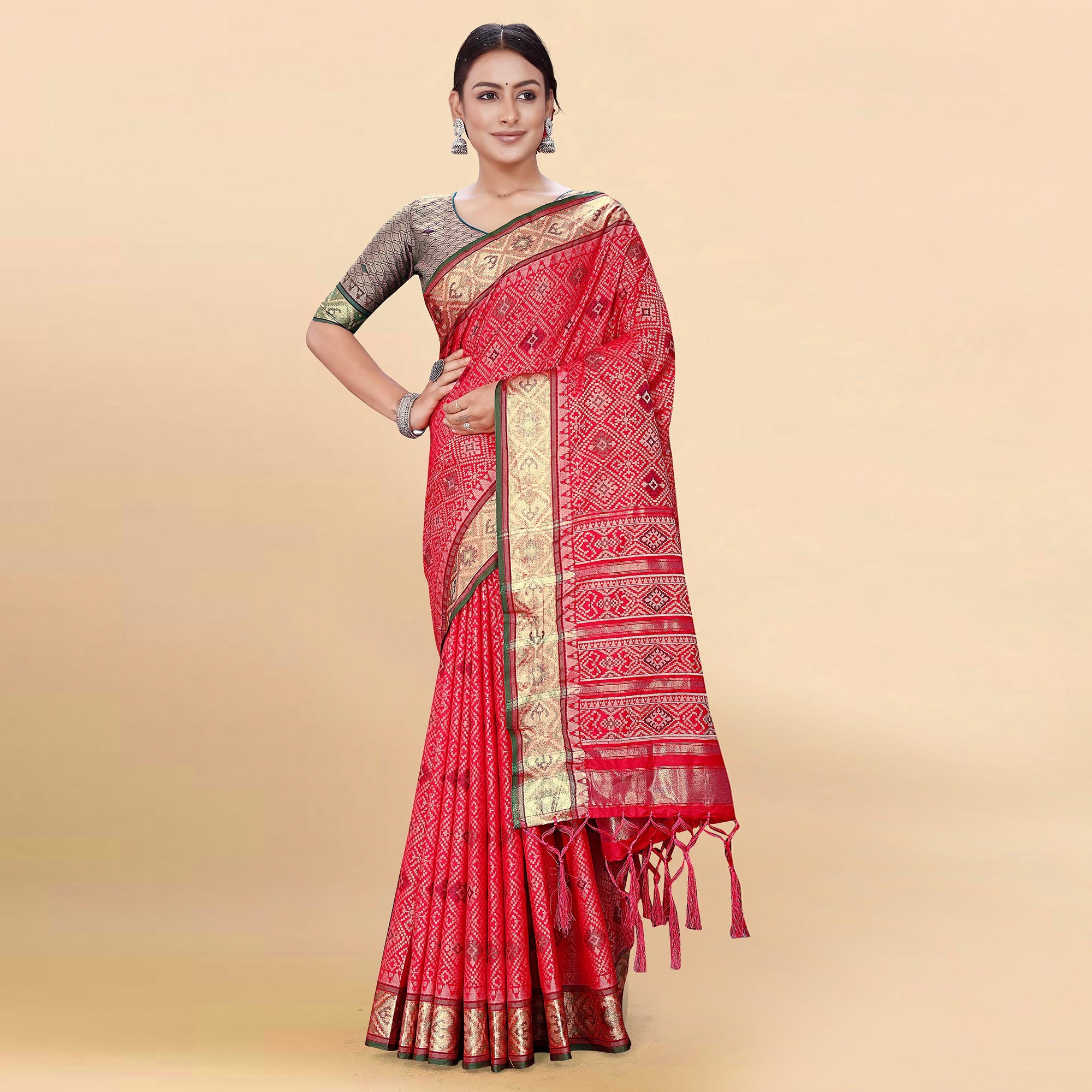 Pink Woven Patola Art Silk Saree With Tassels