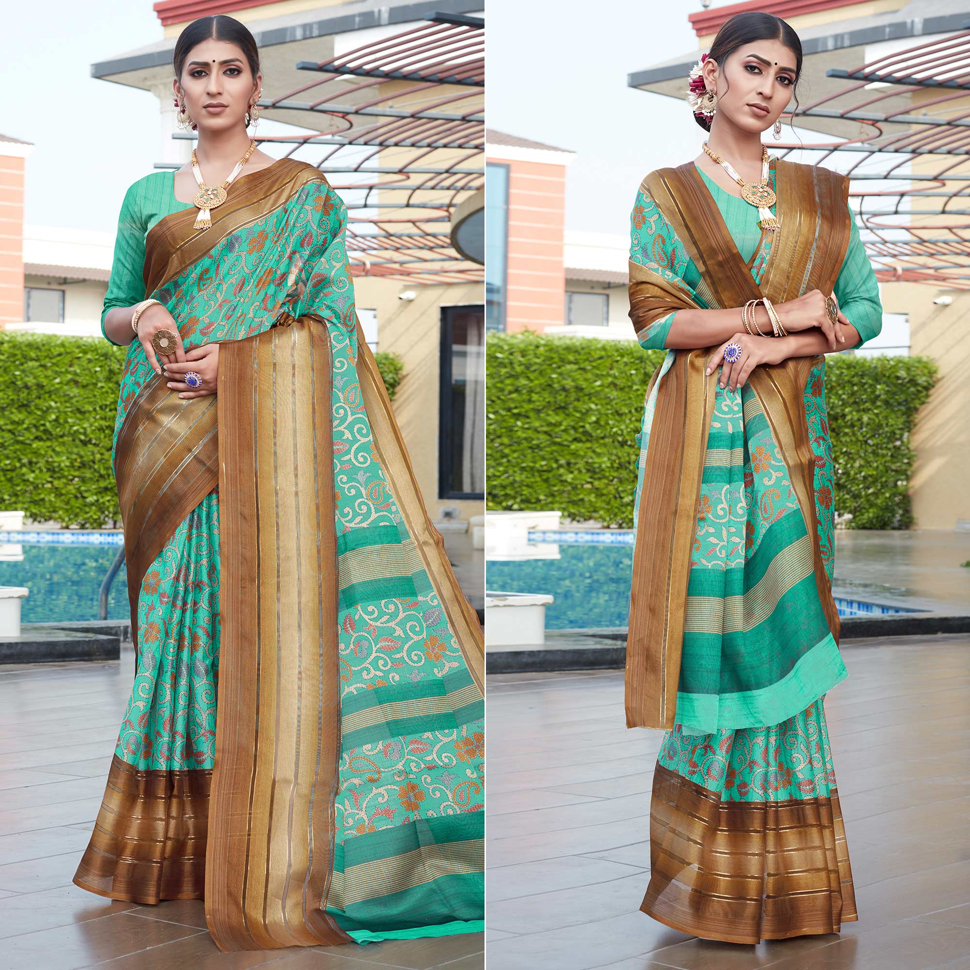 Sea Green Floral Digital Printed Cotton Blend Saree