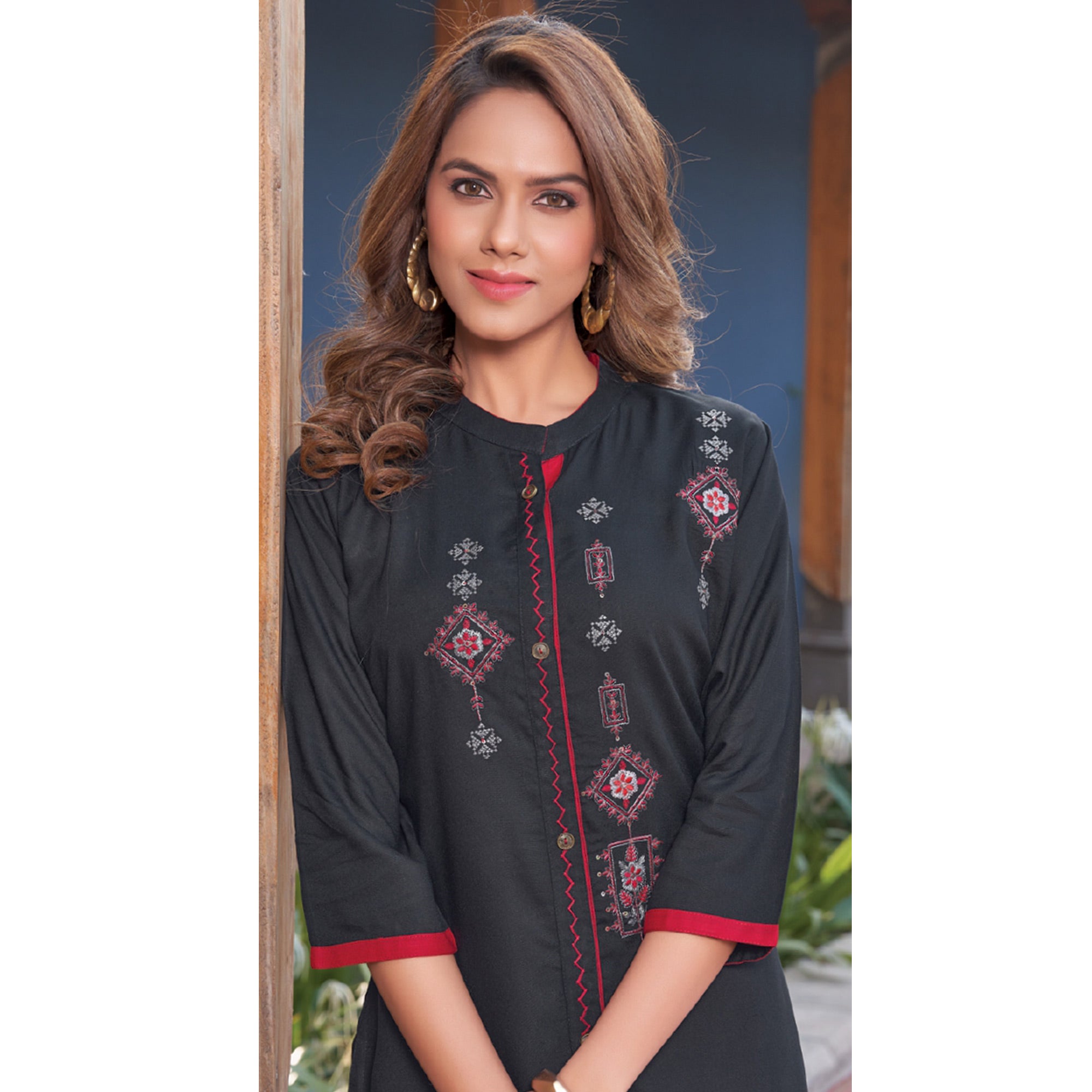 Black Embroidered Rayon Kurti