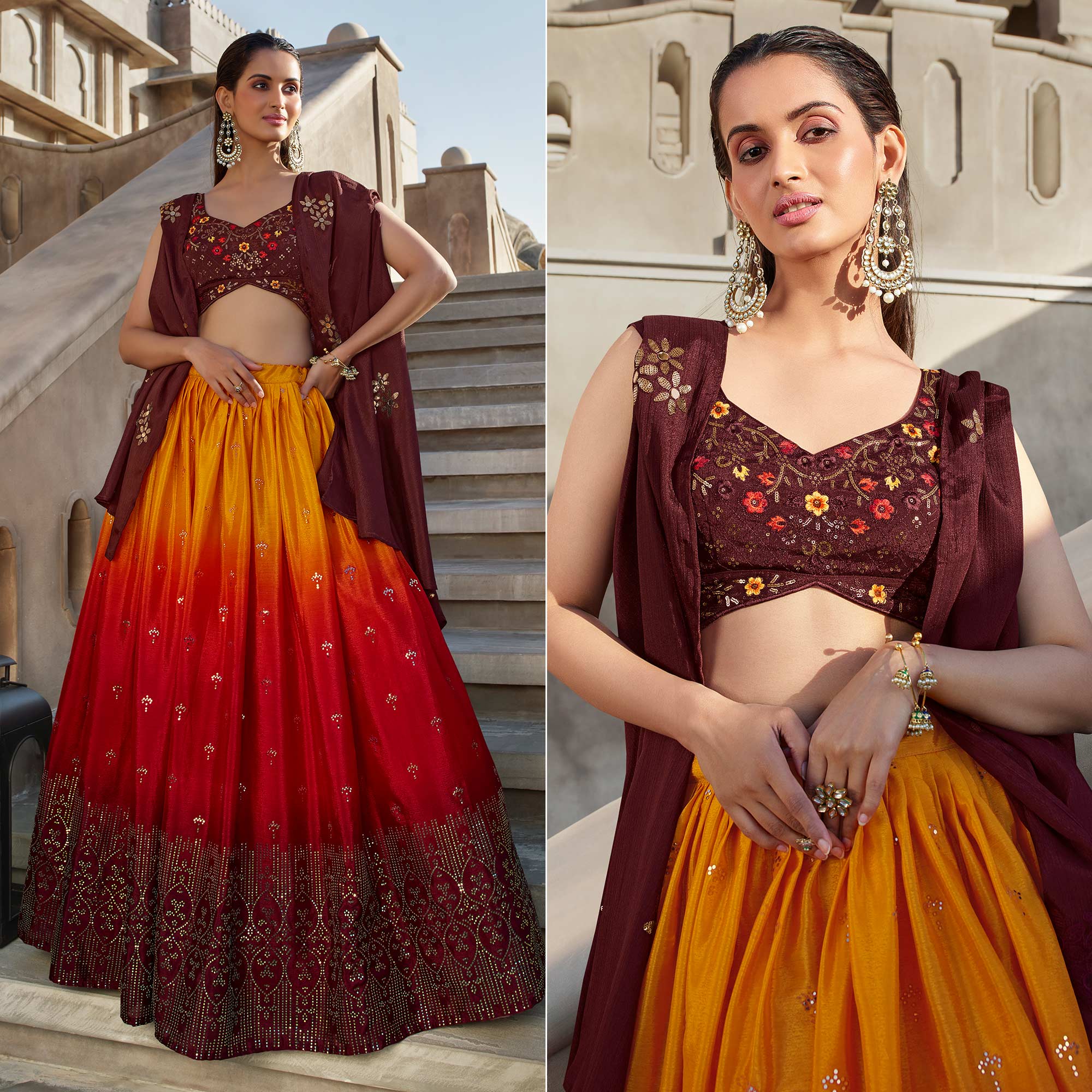 Orange & Wine Embellished Mirror Work Georgette Lehenga Choli