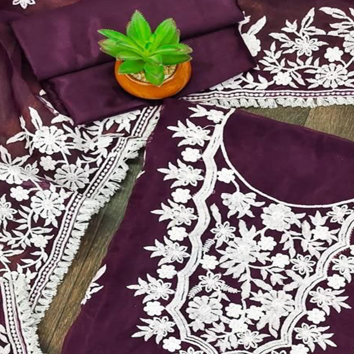 Wine Floral Embroidered Organza Dress Material