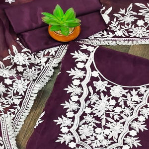 Wine Floral Embroidered Organza Dress Material