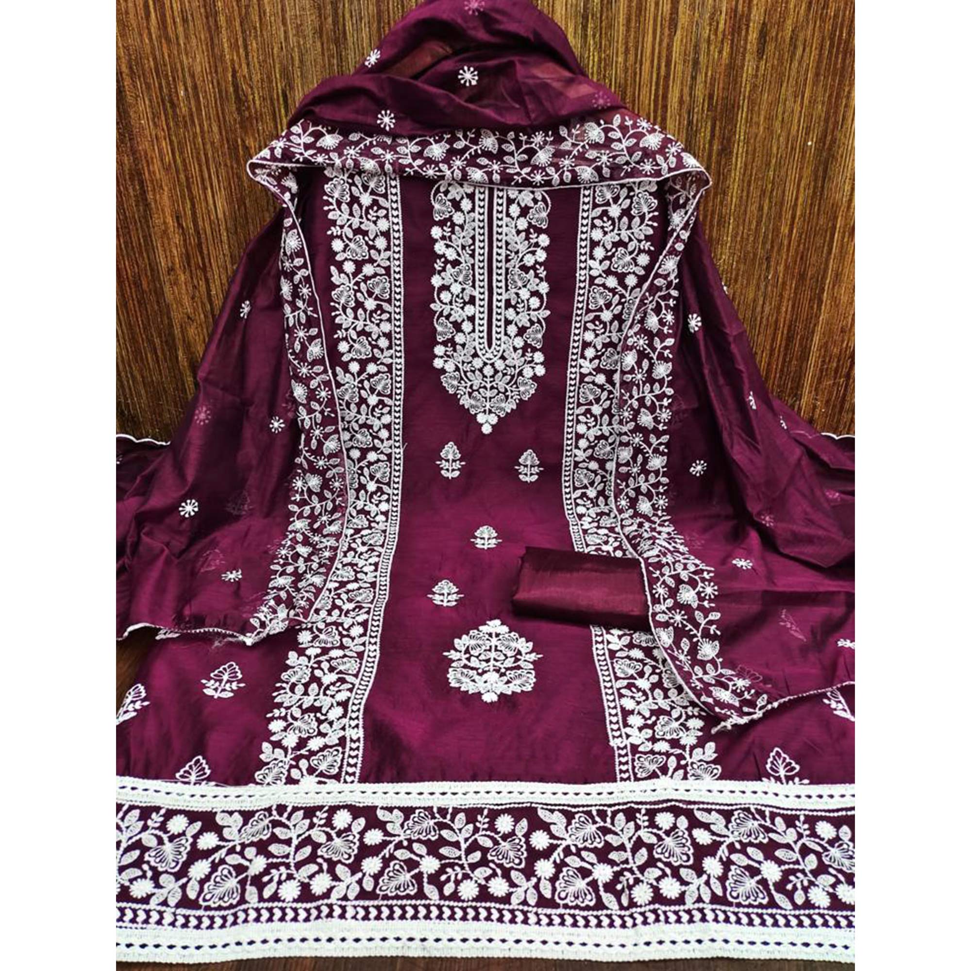 Wine Floral Embroidered Chanderi Dress Material