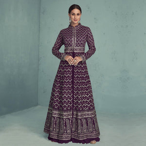 Purple Floral Embroidered Georgette Front Slit Suit