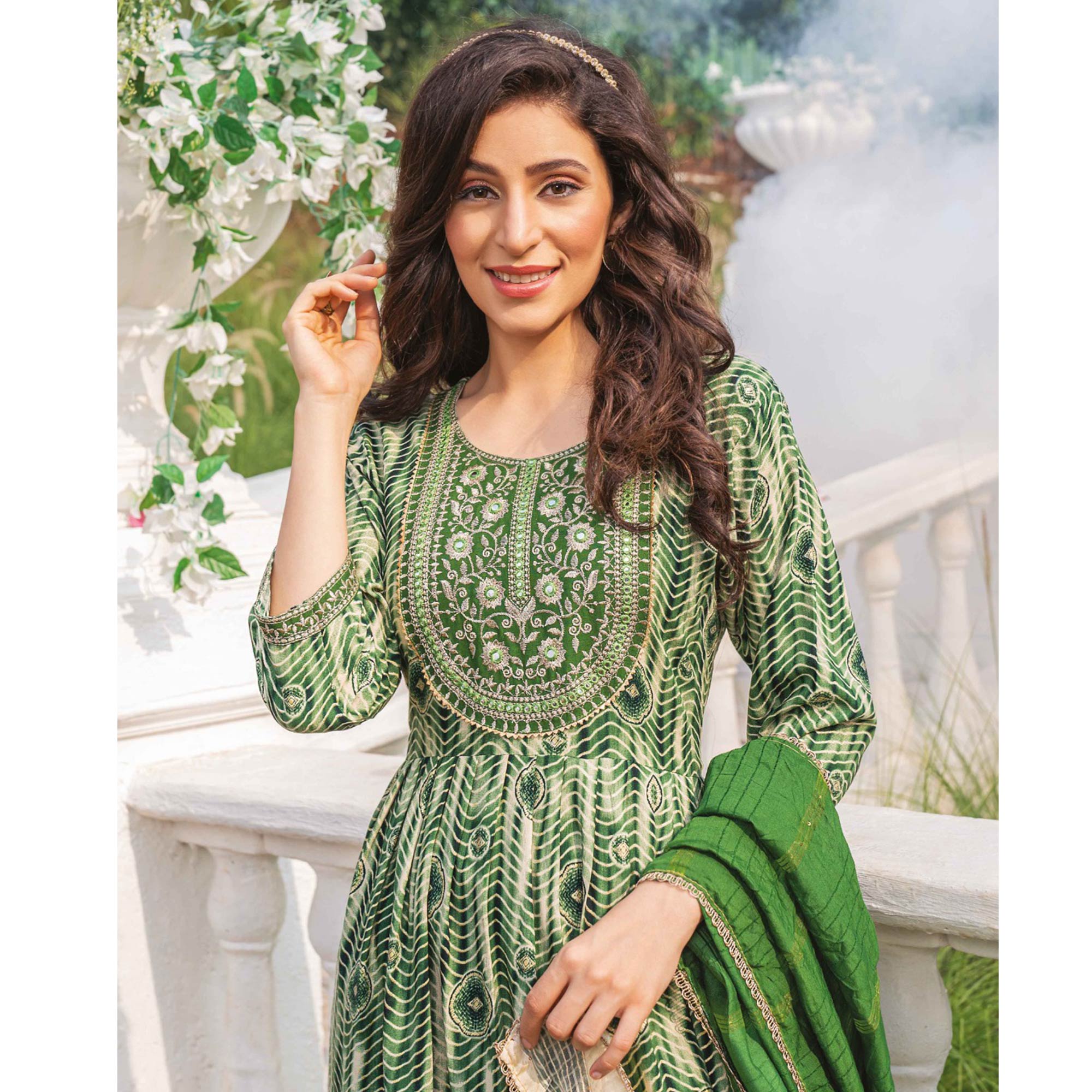 Green Foil Printed Rayon Naira Cut Suit