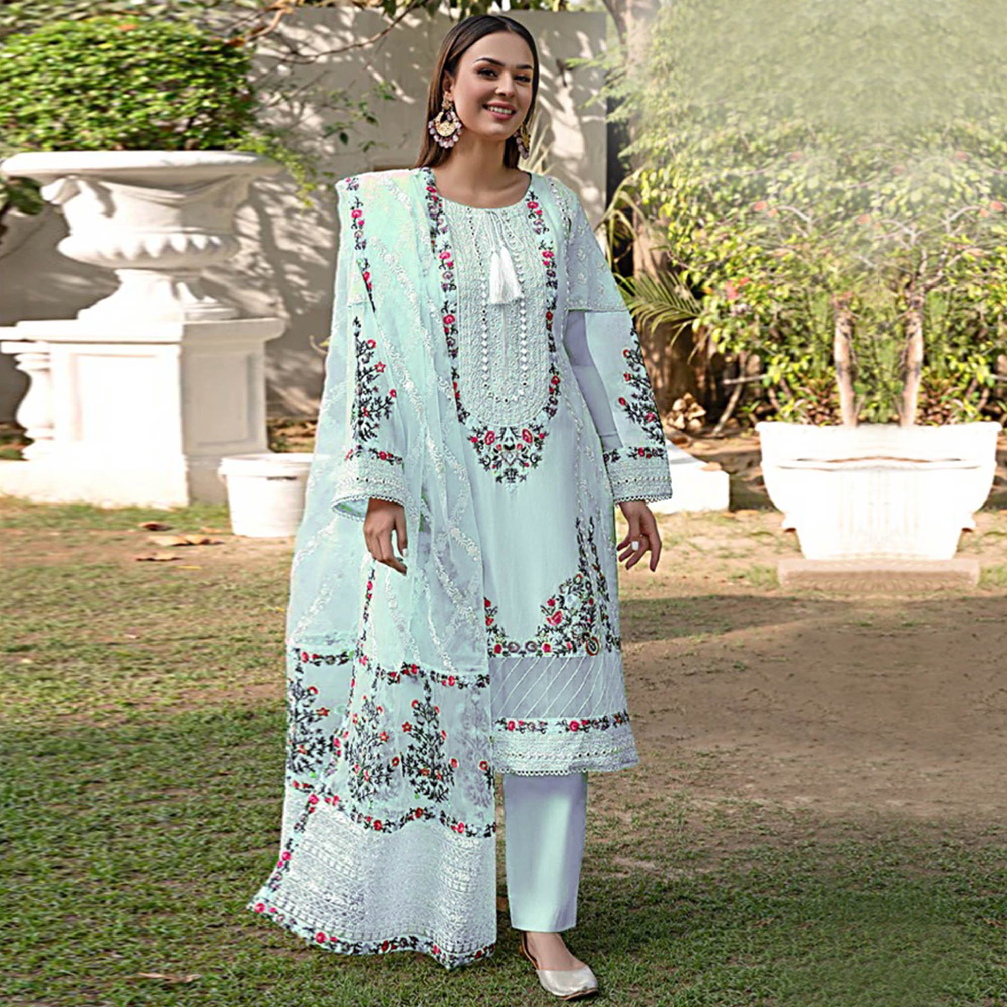 Blue Floral Embroidered Georgette Palazzo Suit