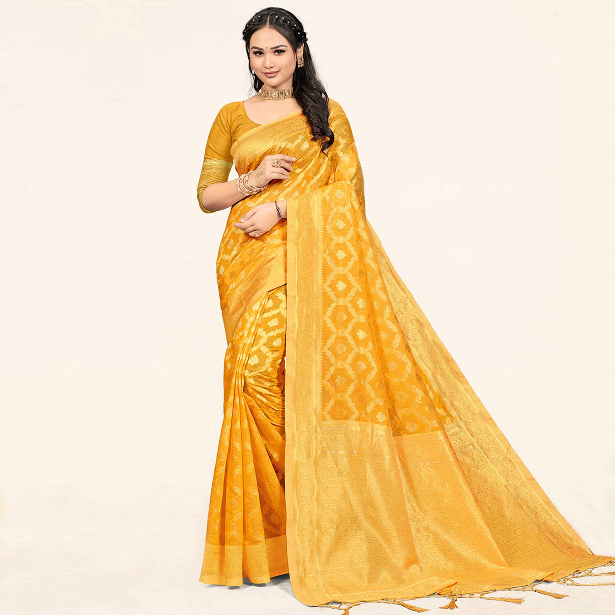 Yellow Woven Cotton Saree With Tassels