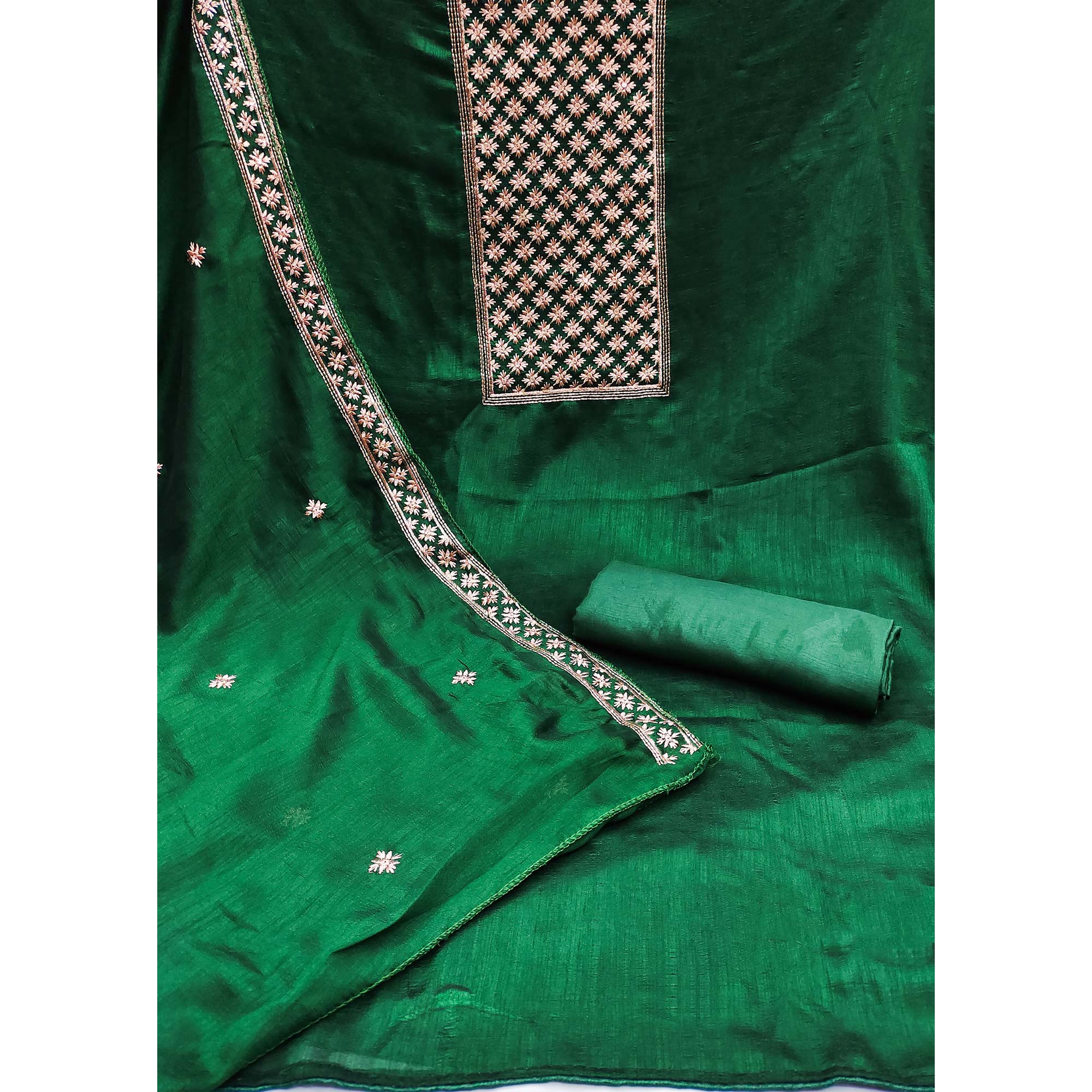 Bottle Green Embroidered Modal Dress Material