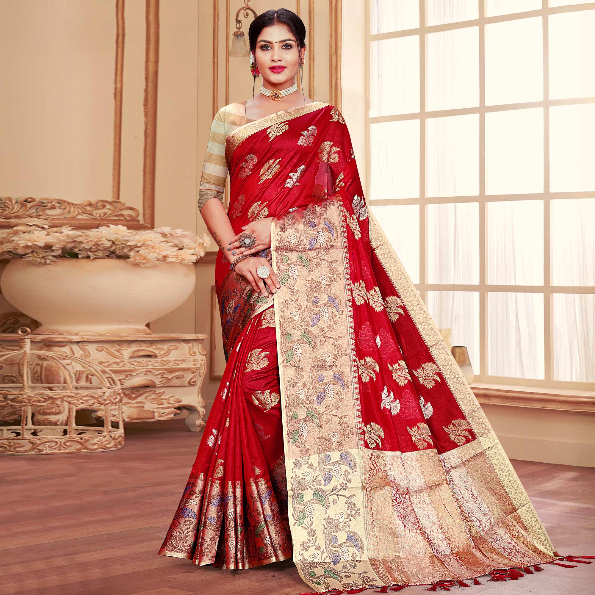 Red Floral Woven Organza Saree With Tassels