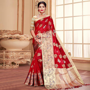 Red Floral Woven Organza Saree With Tassels