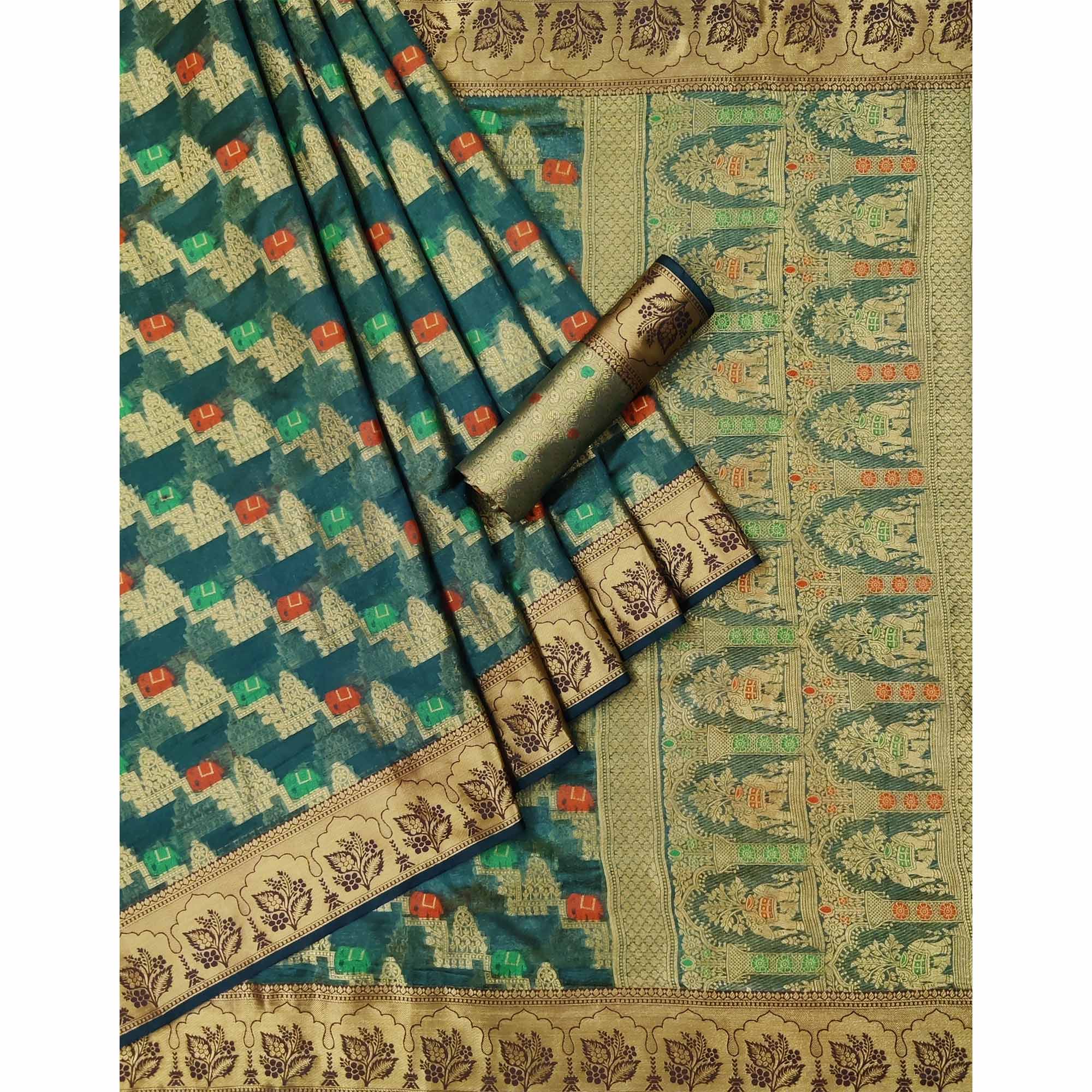 Rama Green Woven Organza Saree