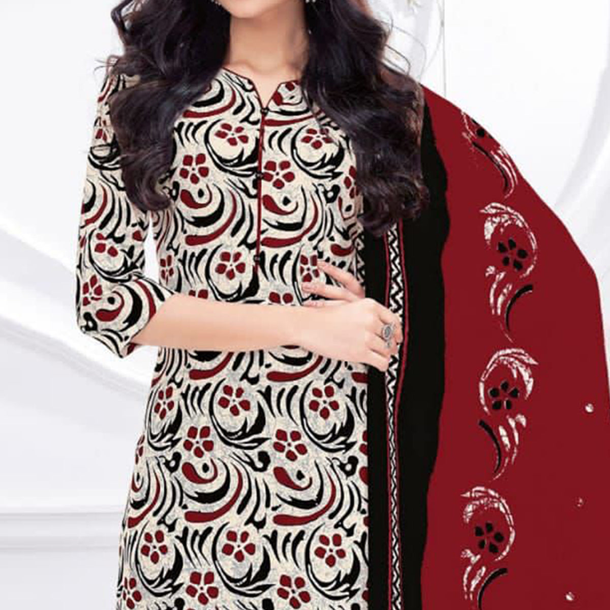 Cream Printed Cotton Suit