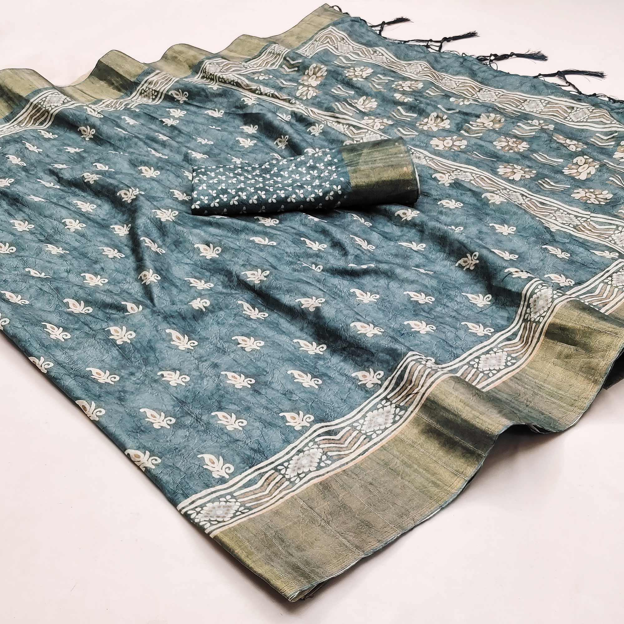 Blue Floral Printed Matka Tussar Saree With Tassels