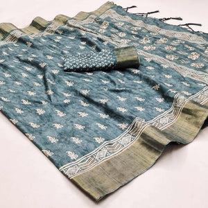 Blue Floral Printed Matka Tussar Saree With Tassels