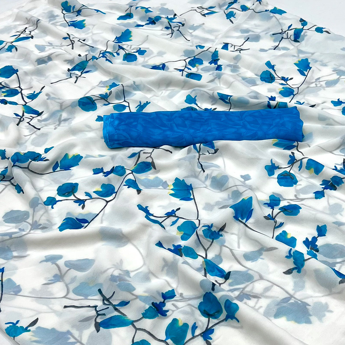 White Blue Floral Printed Georgette Saree