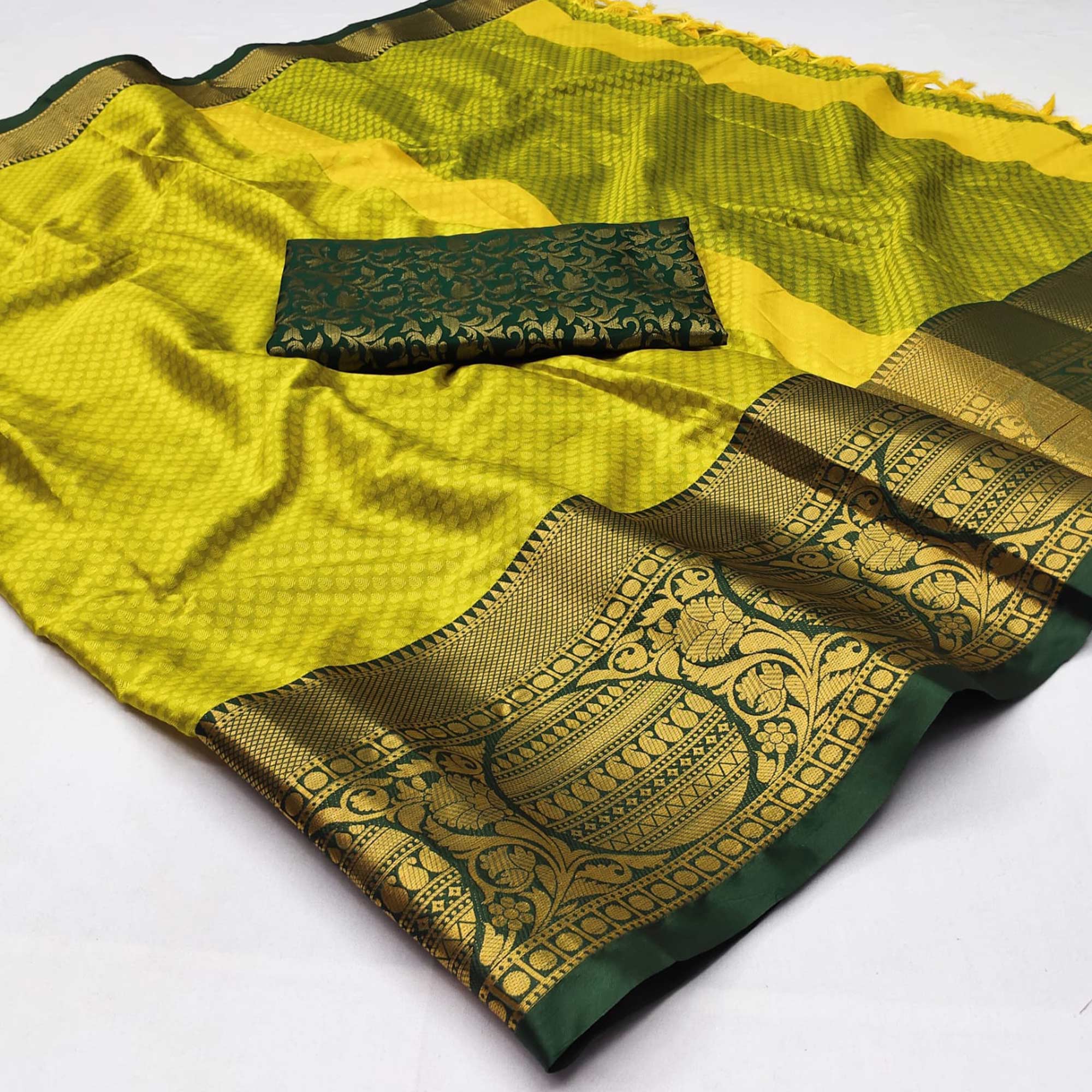 Lemon Green Woven Cotton Silk Saree With Tassels