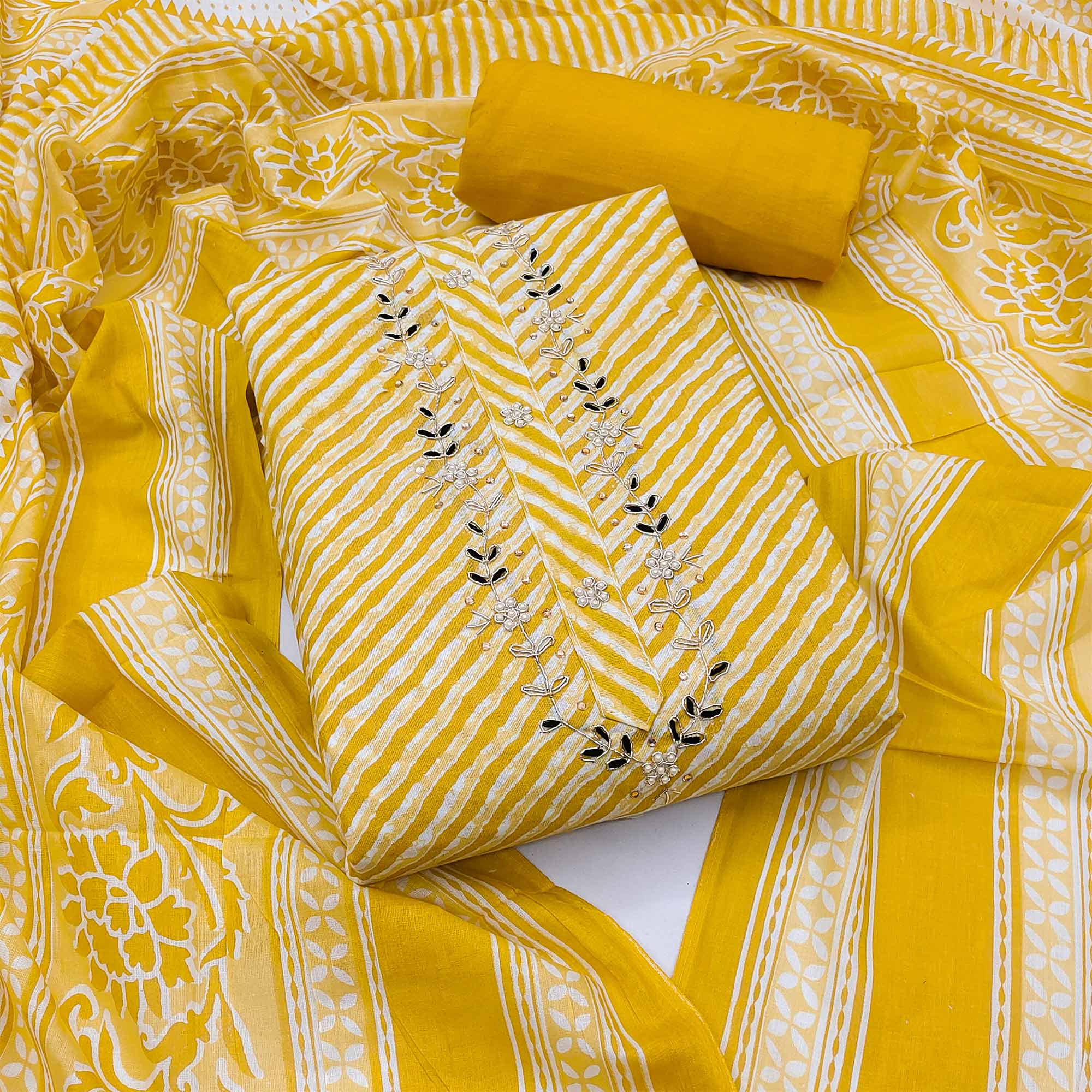 Yellow Striped Printed Pure Cotton Dress Material