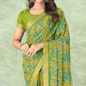 Olive Green Digital Printed Chiffon Saree With Lace Border