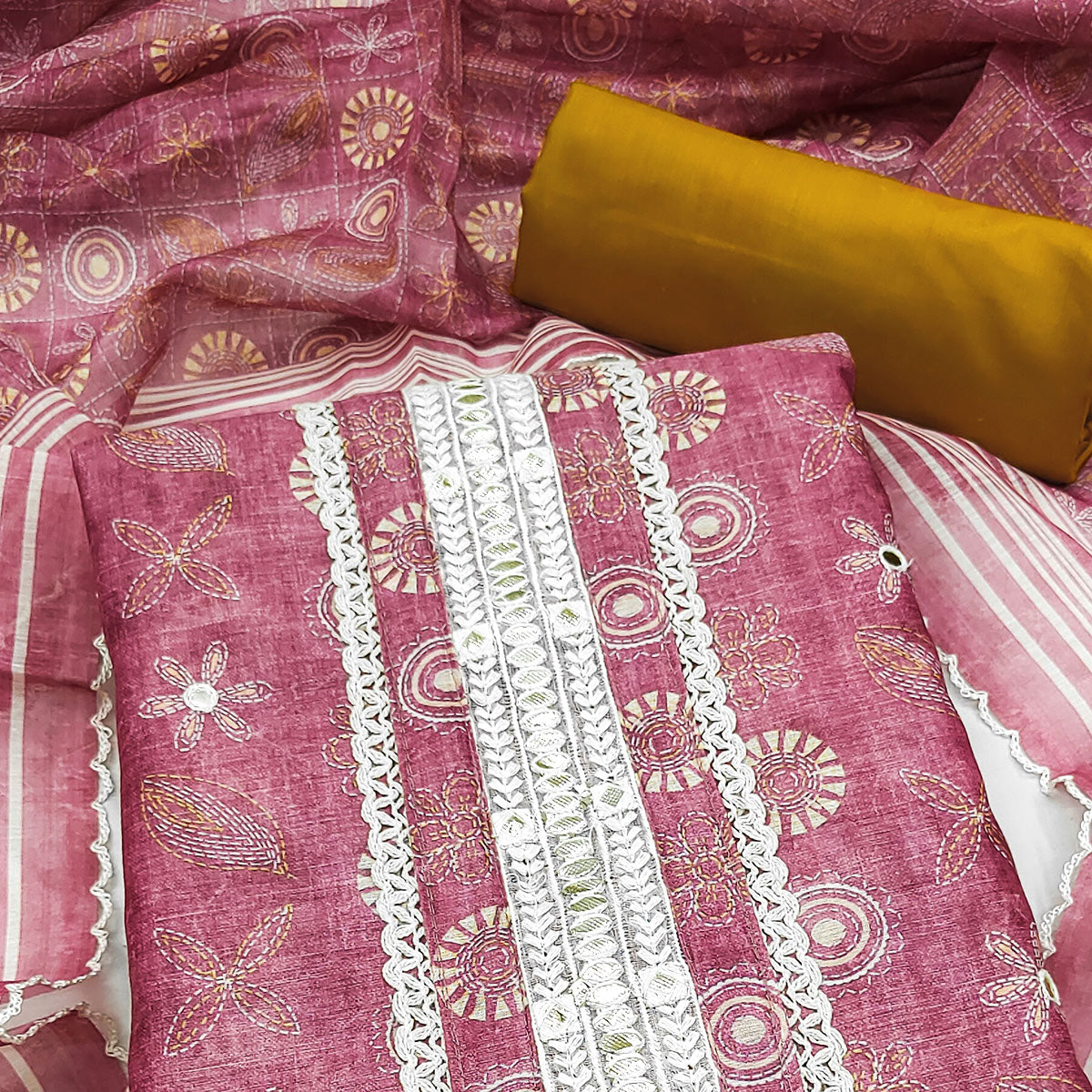 Pink Embroidered With Digital Printed Chanderi Dress Material