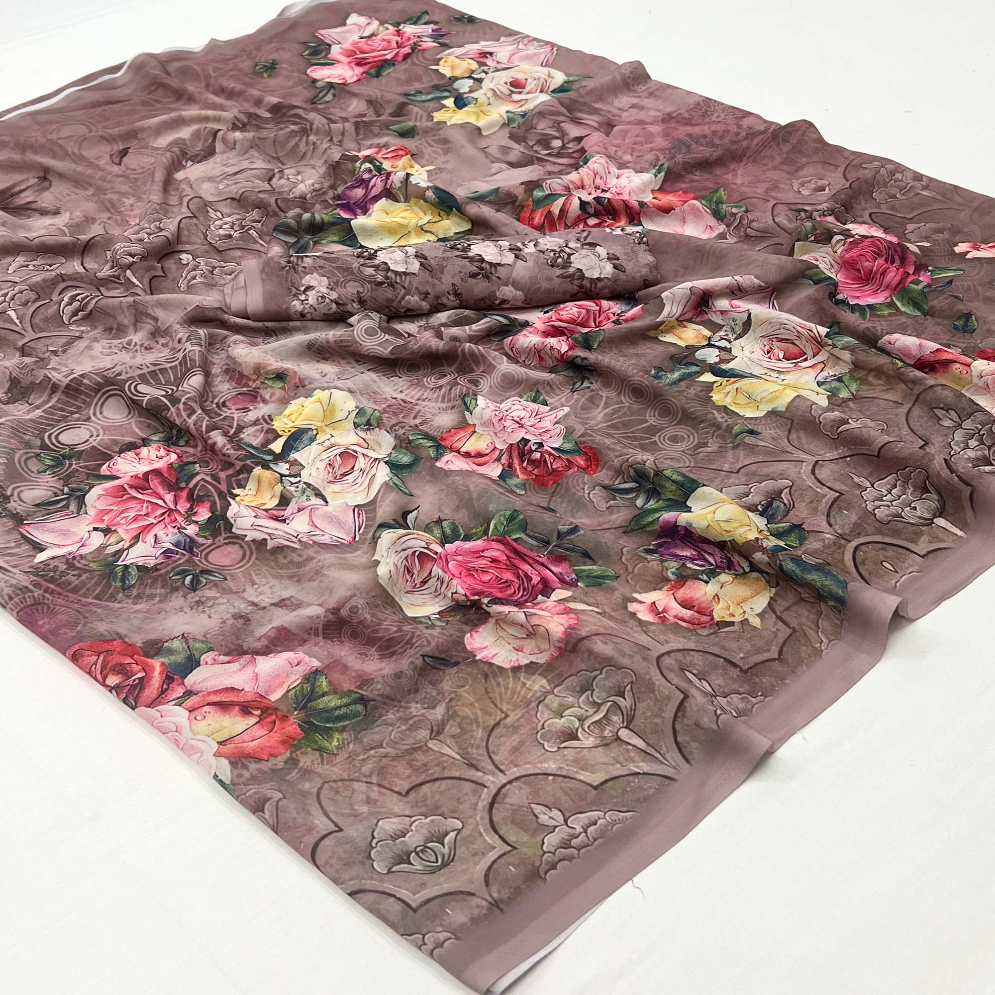 Chikoo Digital Floral Printed Georgette Saree