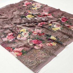 Chikoo Digital Floral Printed Georgette Saree