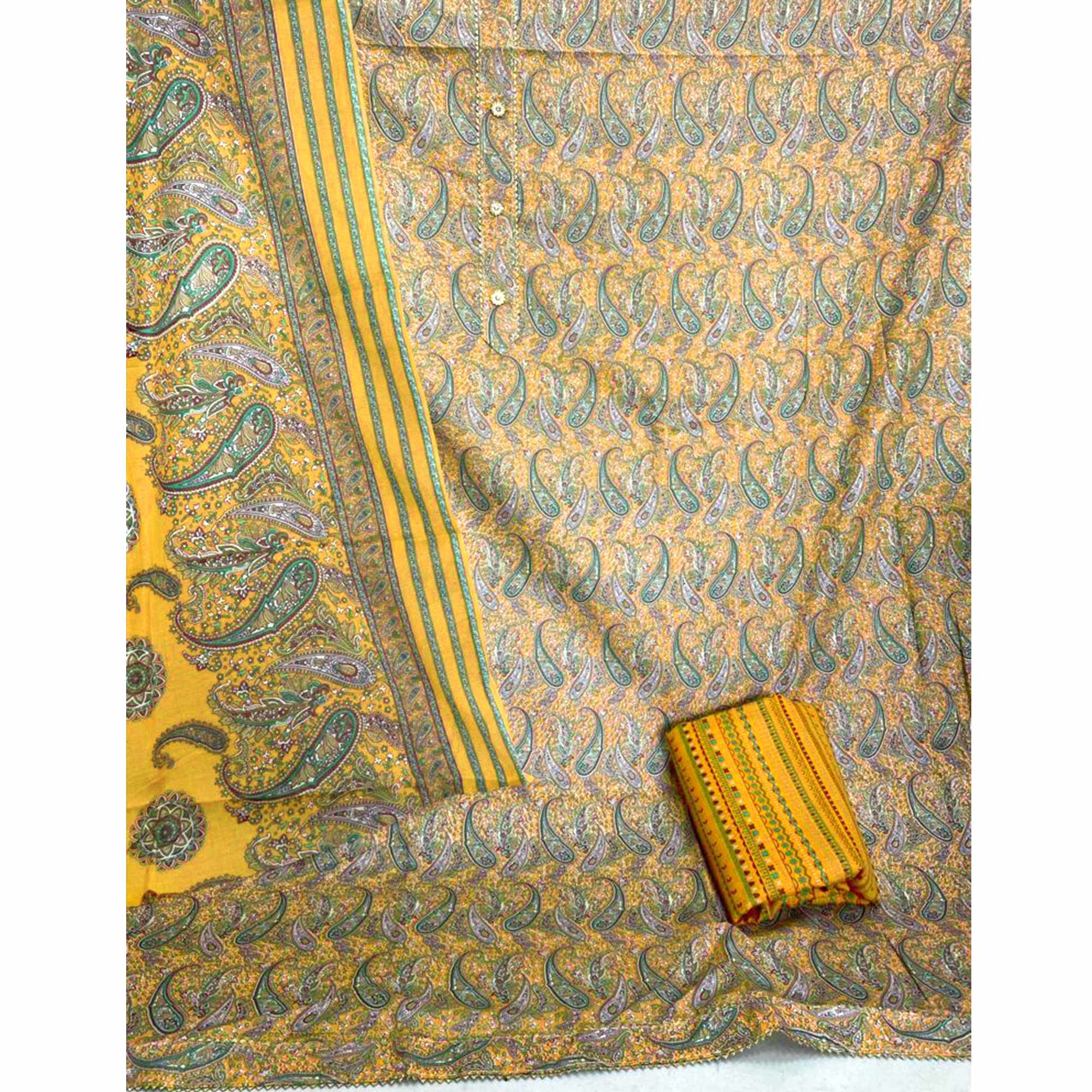 Yellow Printed Cotton Blend Dress Material