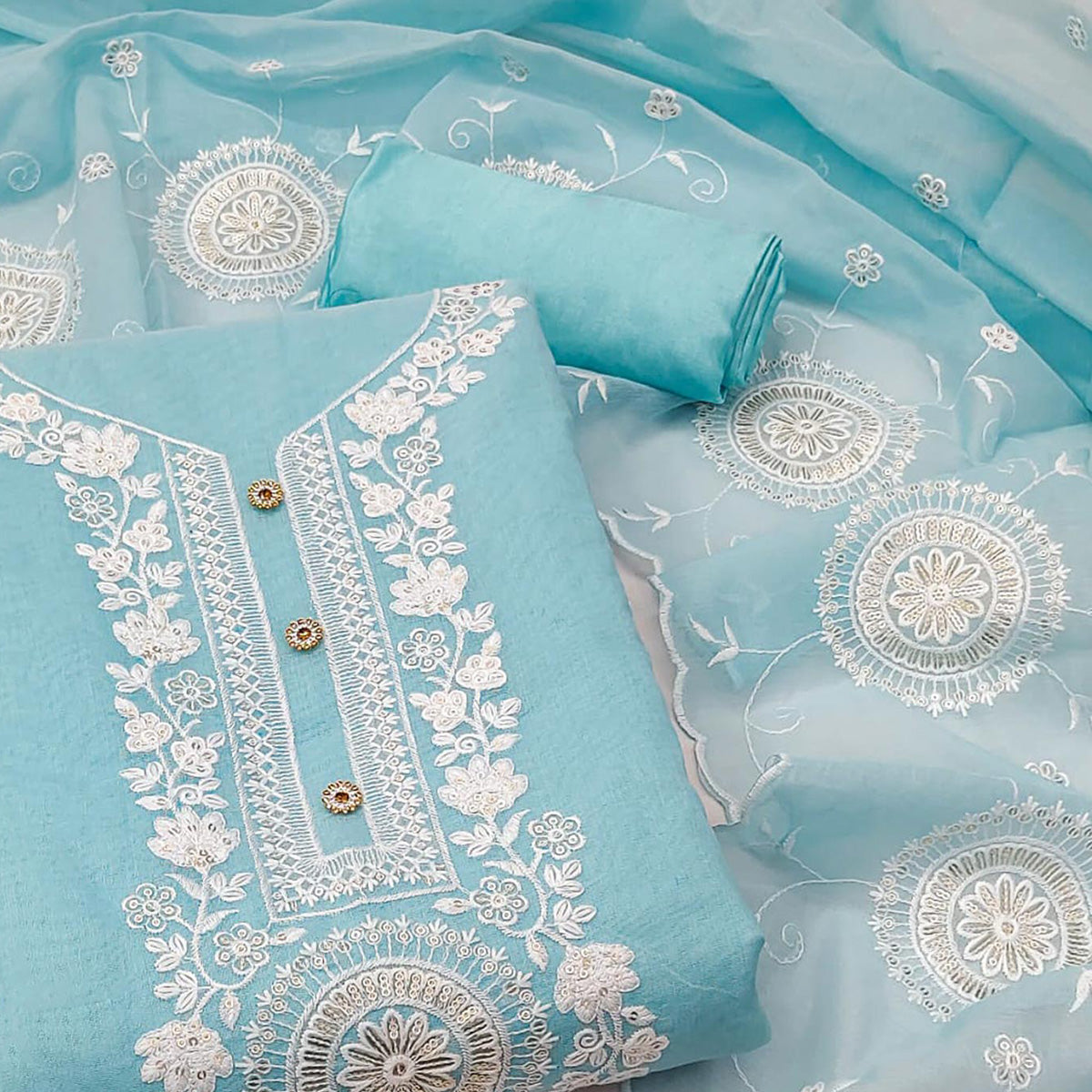 Blue Floral Embroidered Chanderi Dress Material