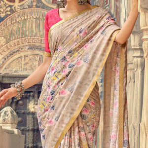Beige Floral Printed Chiffon Saree
