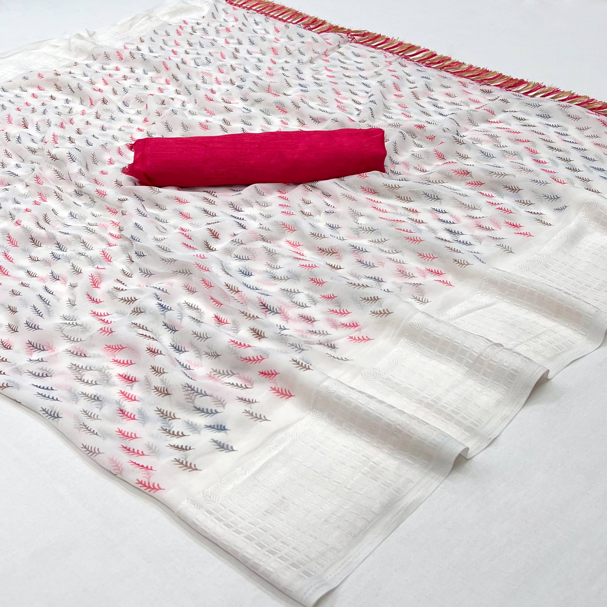 White Printed With Checks Border Georgette Saree