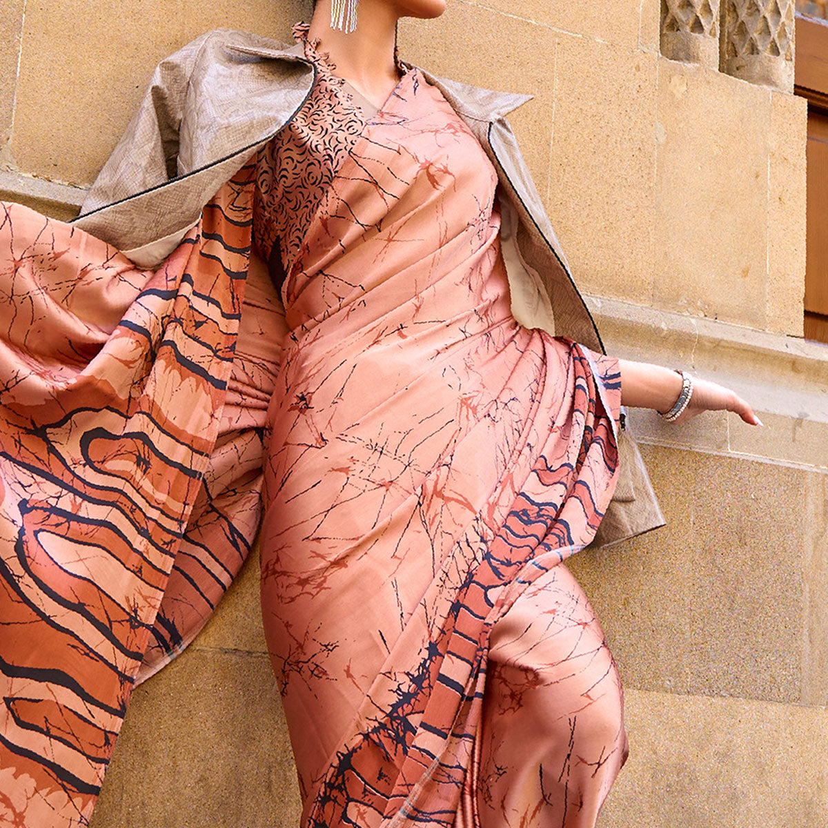 Peach Printed Crepe Saree