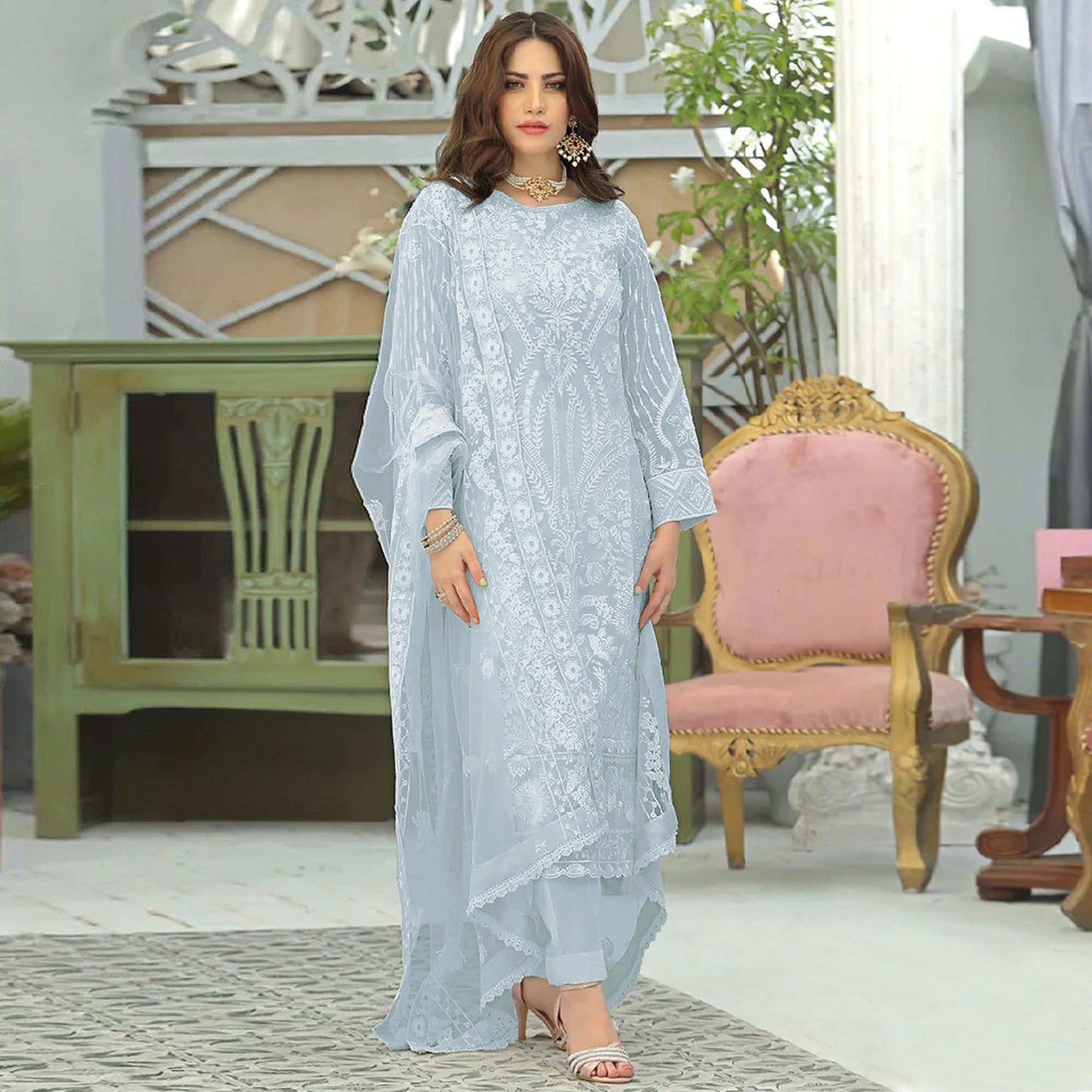 Sky Blue Lucknowi Embroidered Georgette Pakistani Suit