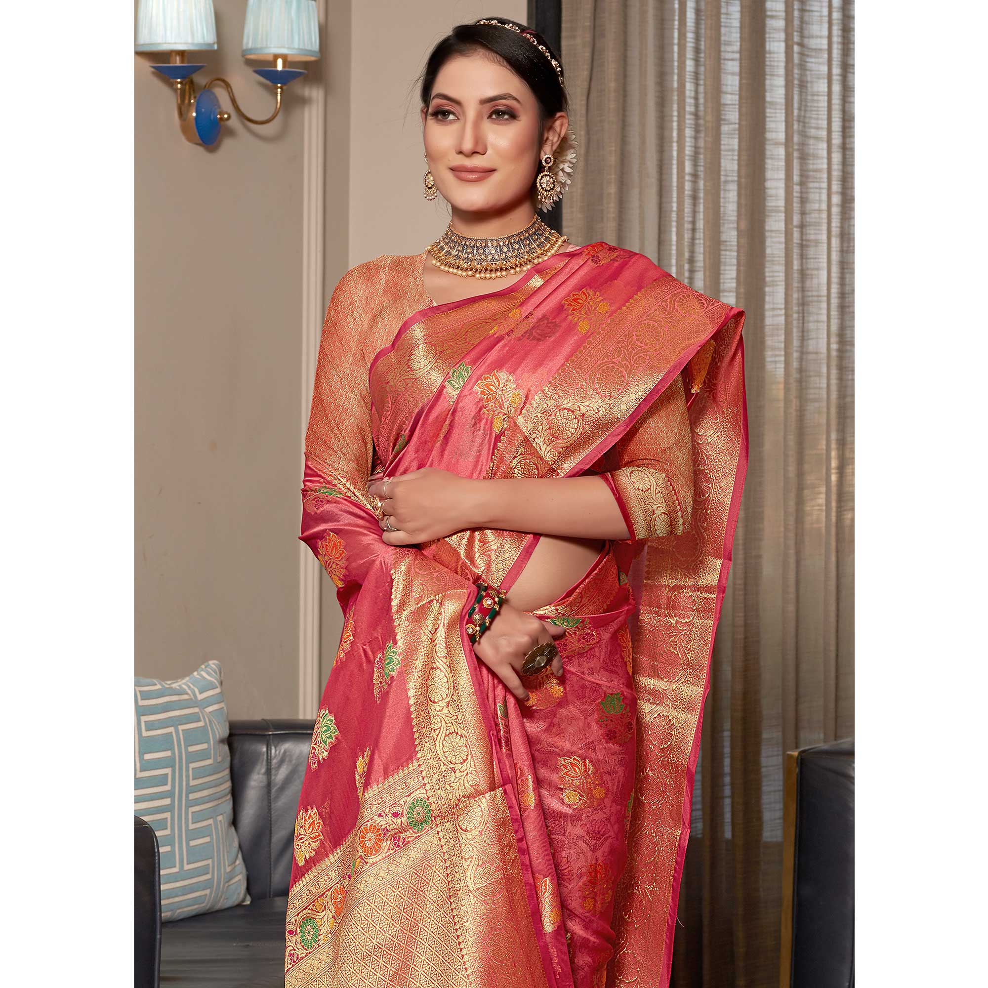 Pink Floral Woven Organza Saree