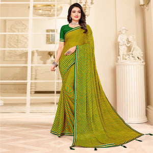Yellow Green Digital Striped Printed Chiffon Saree With Tassels