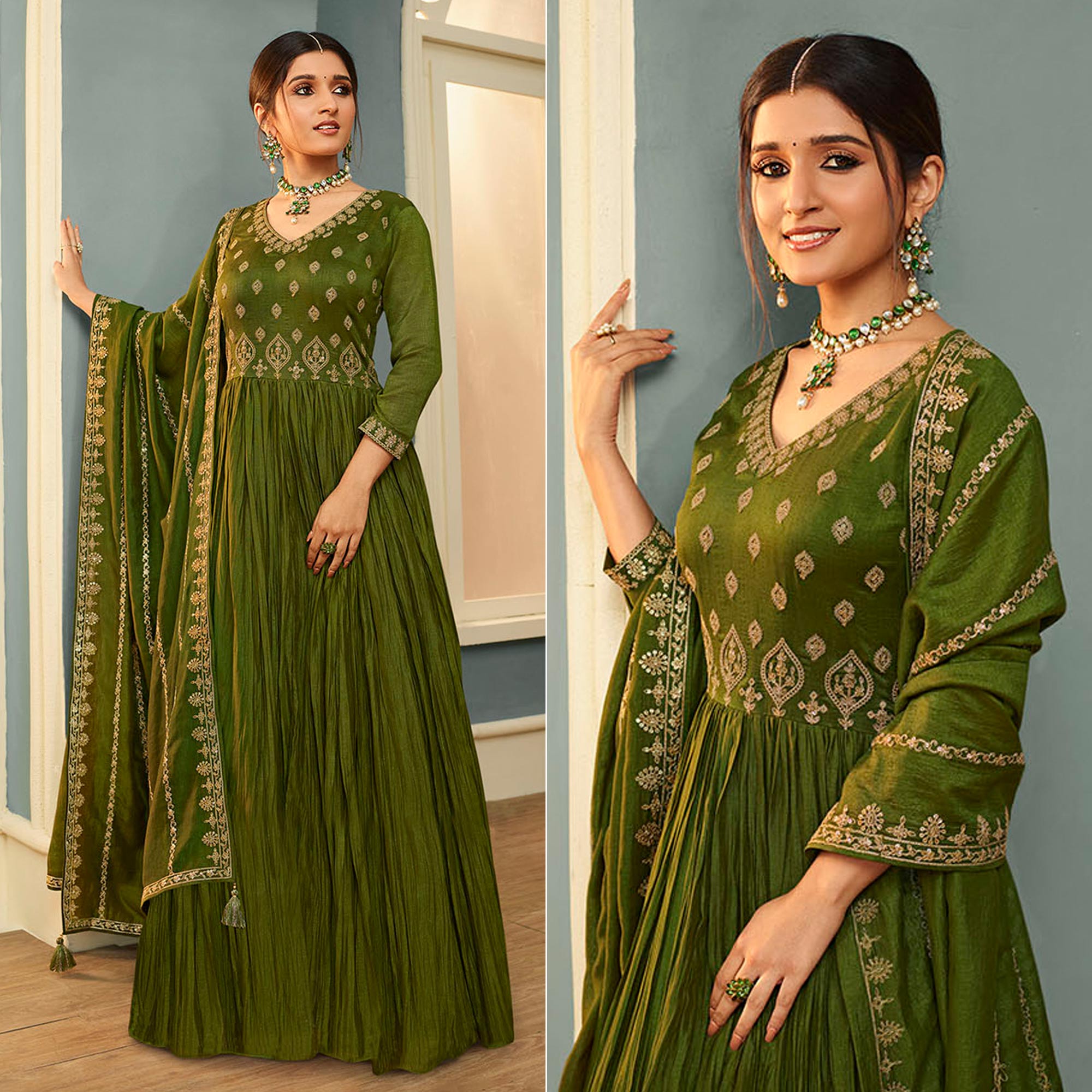 Olive Green Embroidered Georgette Gown