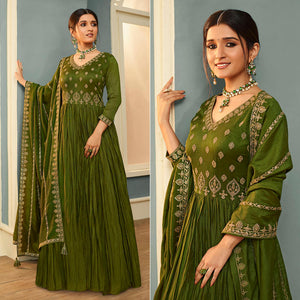 Olive Green Embroidered Georgette Gown