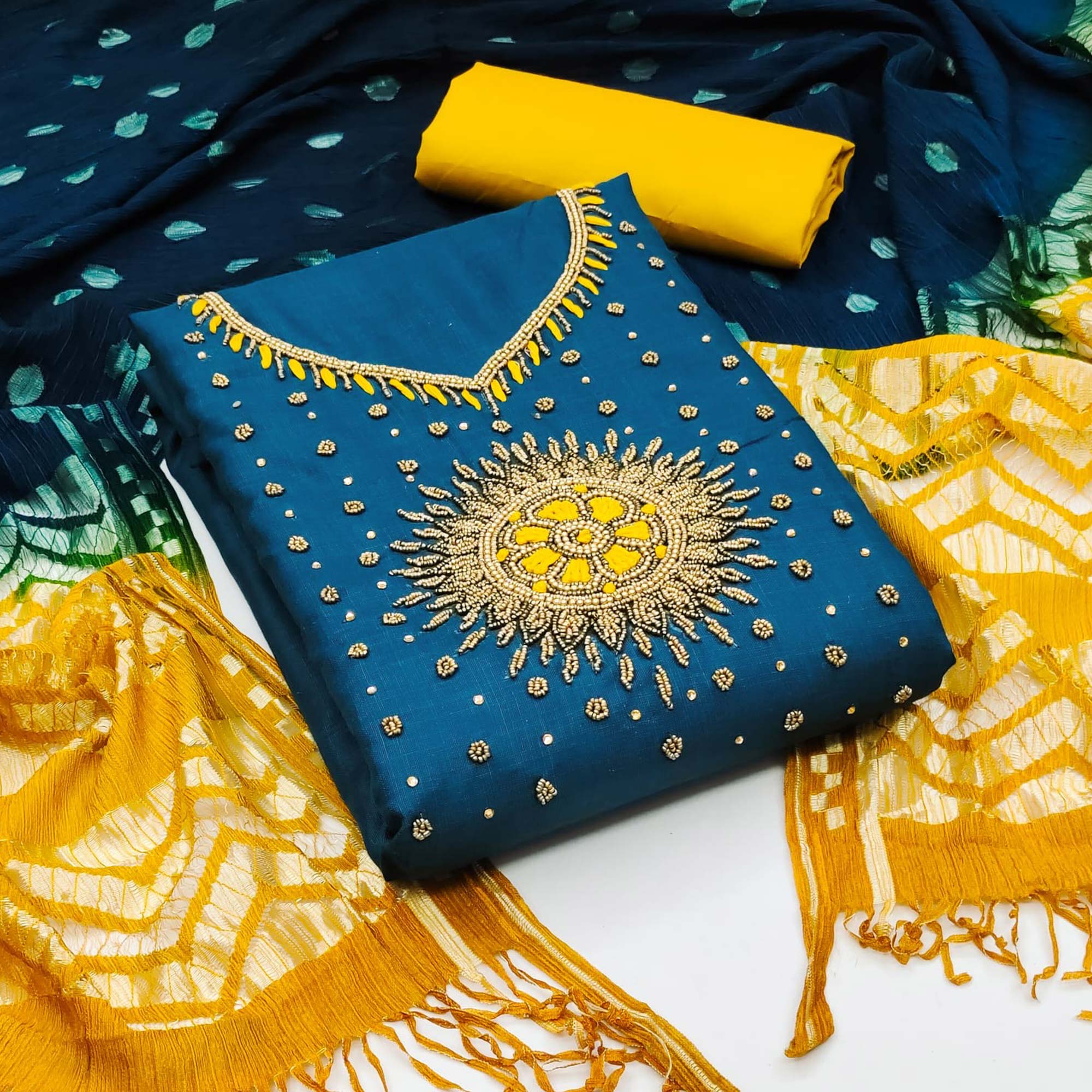 Blue Pearl Handwork Cotton Slub Dress Material