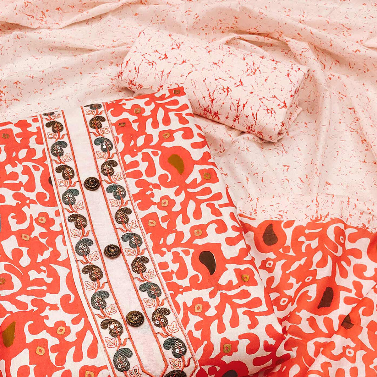 Orange Printed Cotton Dress Material