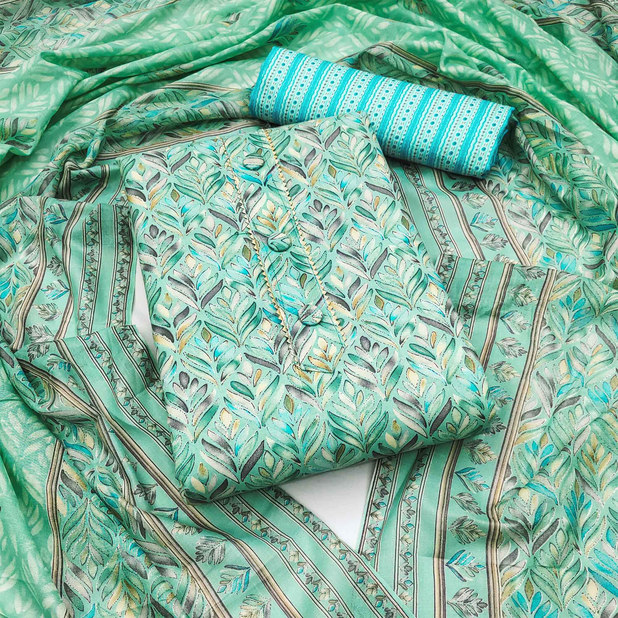 Turquoise Printed Cotton Blend Dress Material