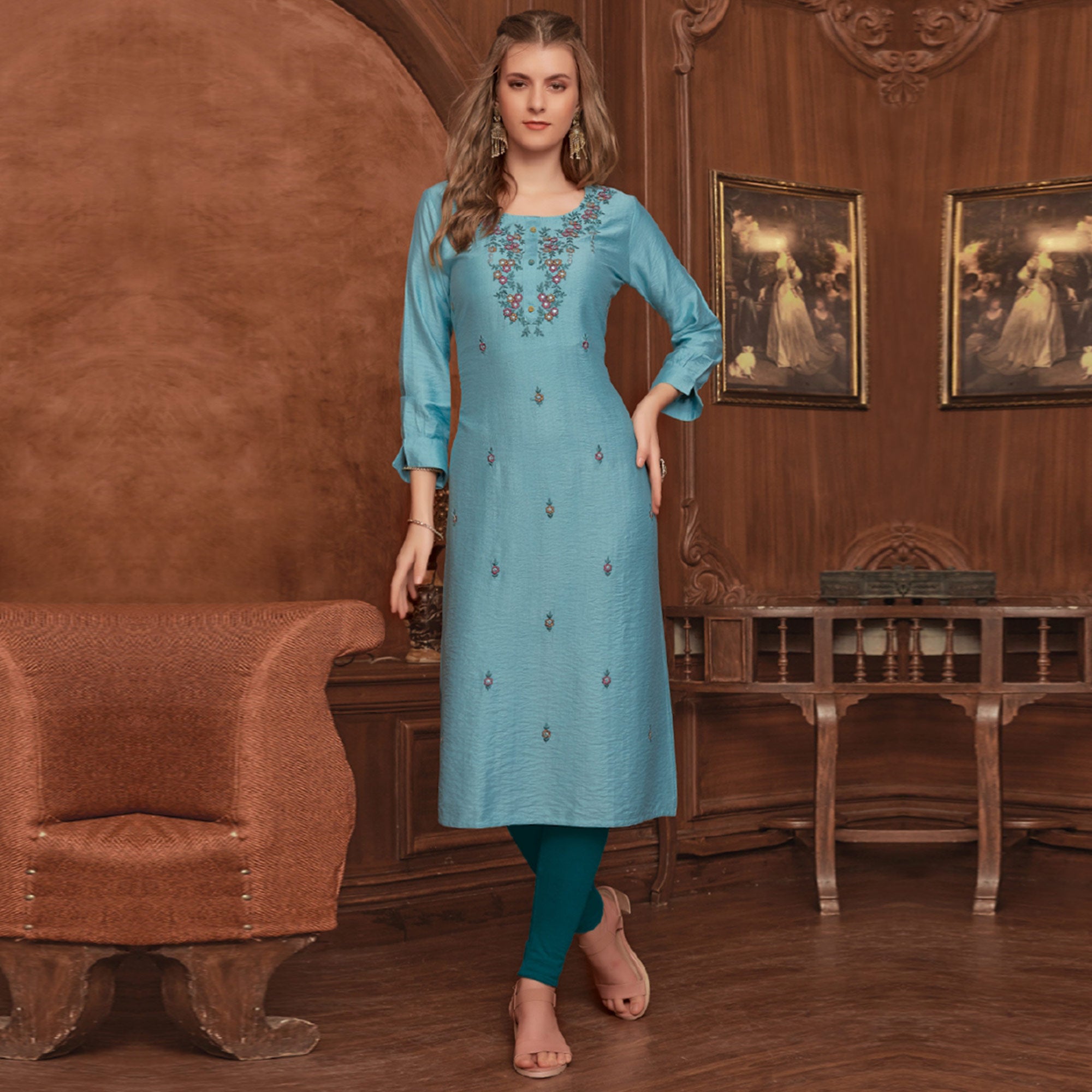 Blue Floral Embroidered Rayon Kurti