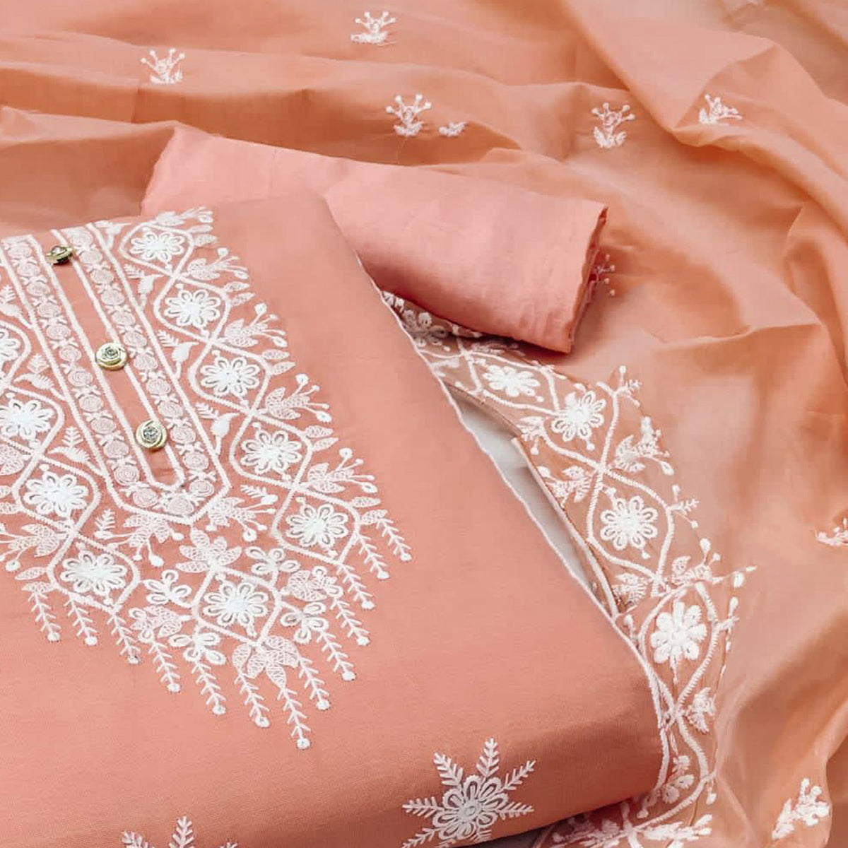 Peach Floral Embroidered Chanderi Dress Material