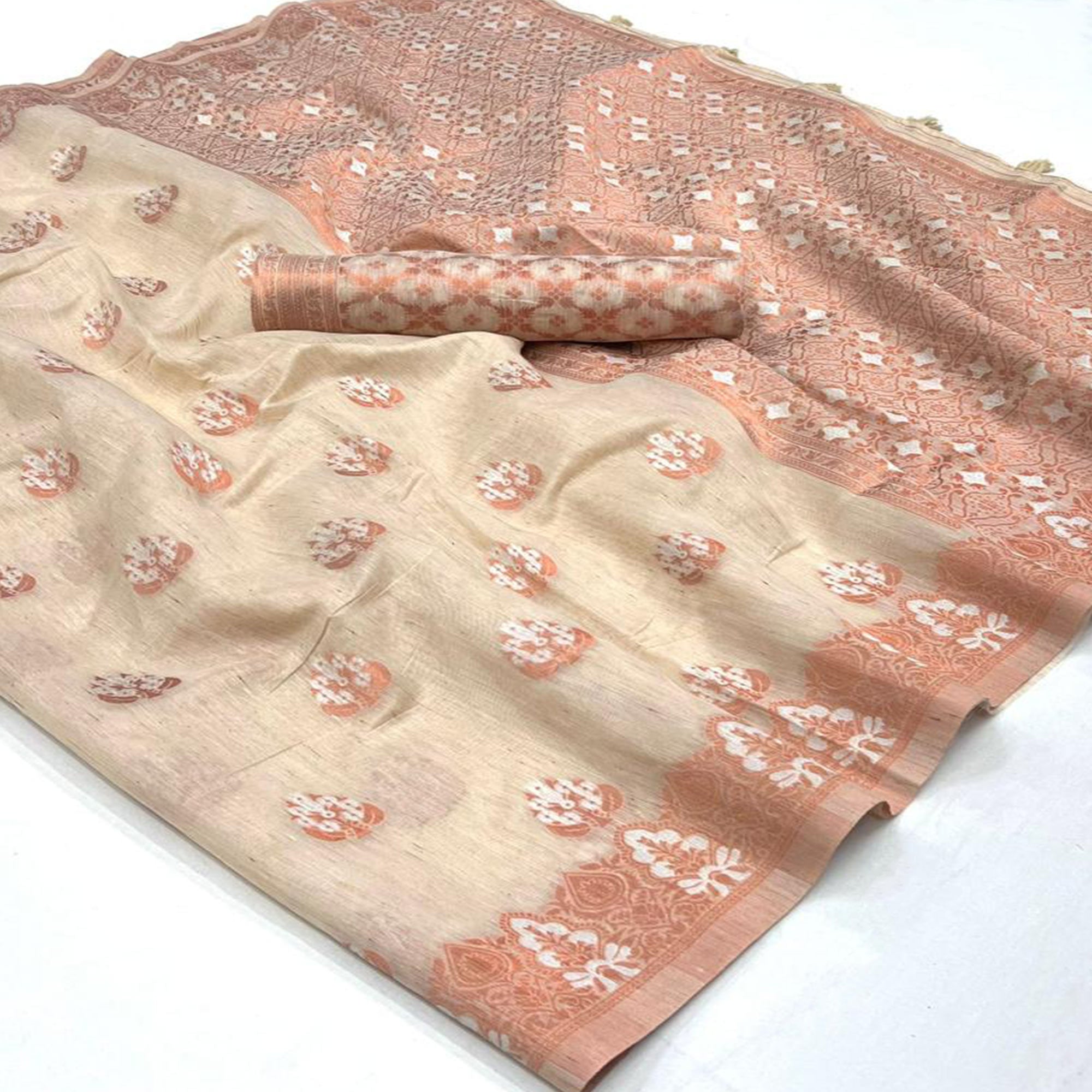 Beige Woven Linen Saree With Tassels