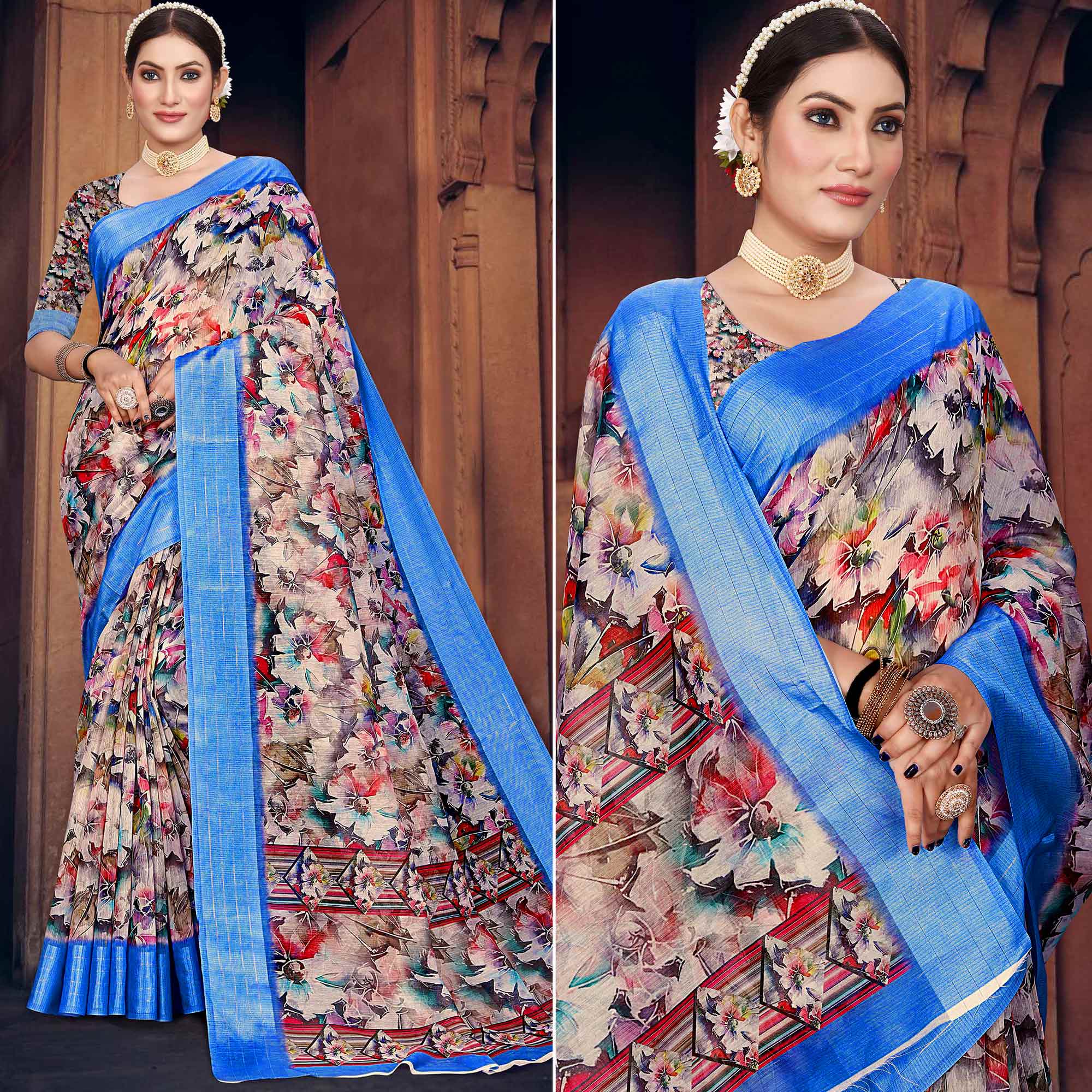 Multicolored Digital Printed Cotton Blend Saree