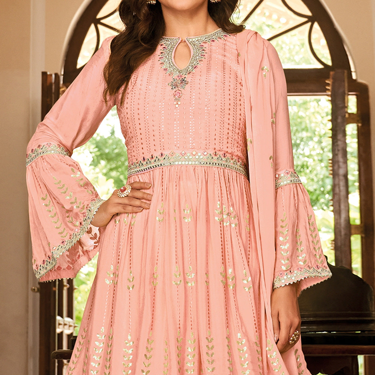 Peach Floral Sequins Embroidered Chiffon Semi Stitched Sharara Suit