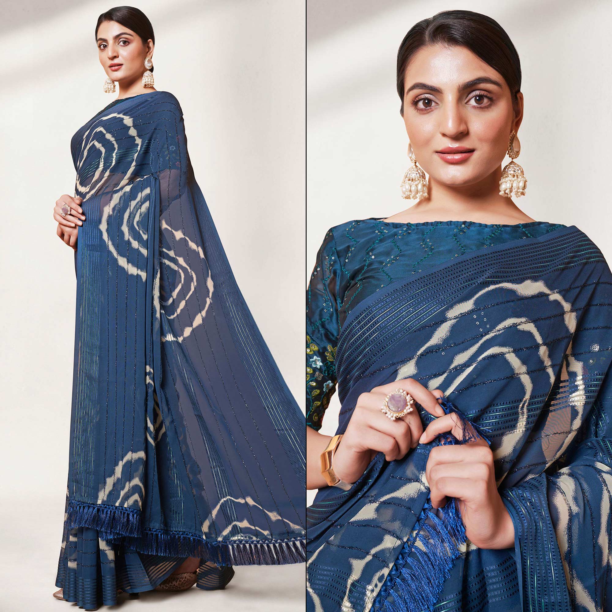 Teal Blue Printed Wiht Embroidered Georgette Saree