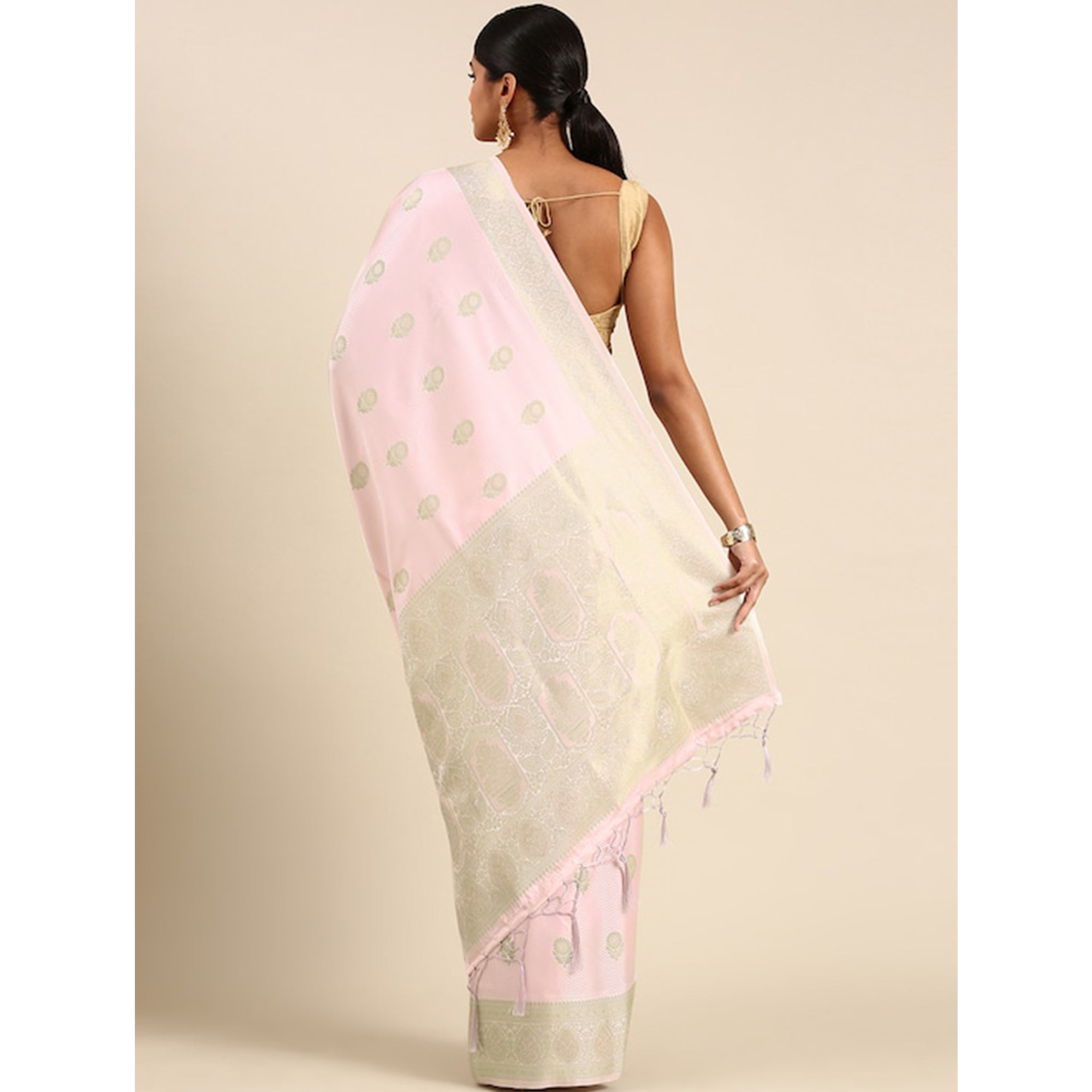 Pink Woven Kanjivaram Silk Saree WithTassels