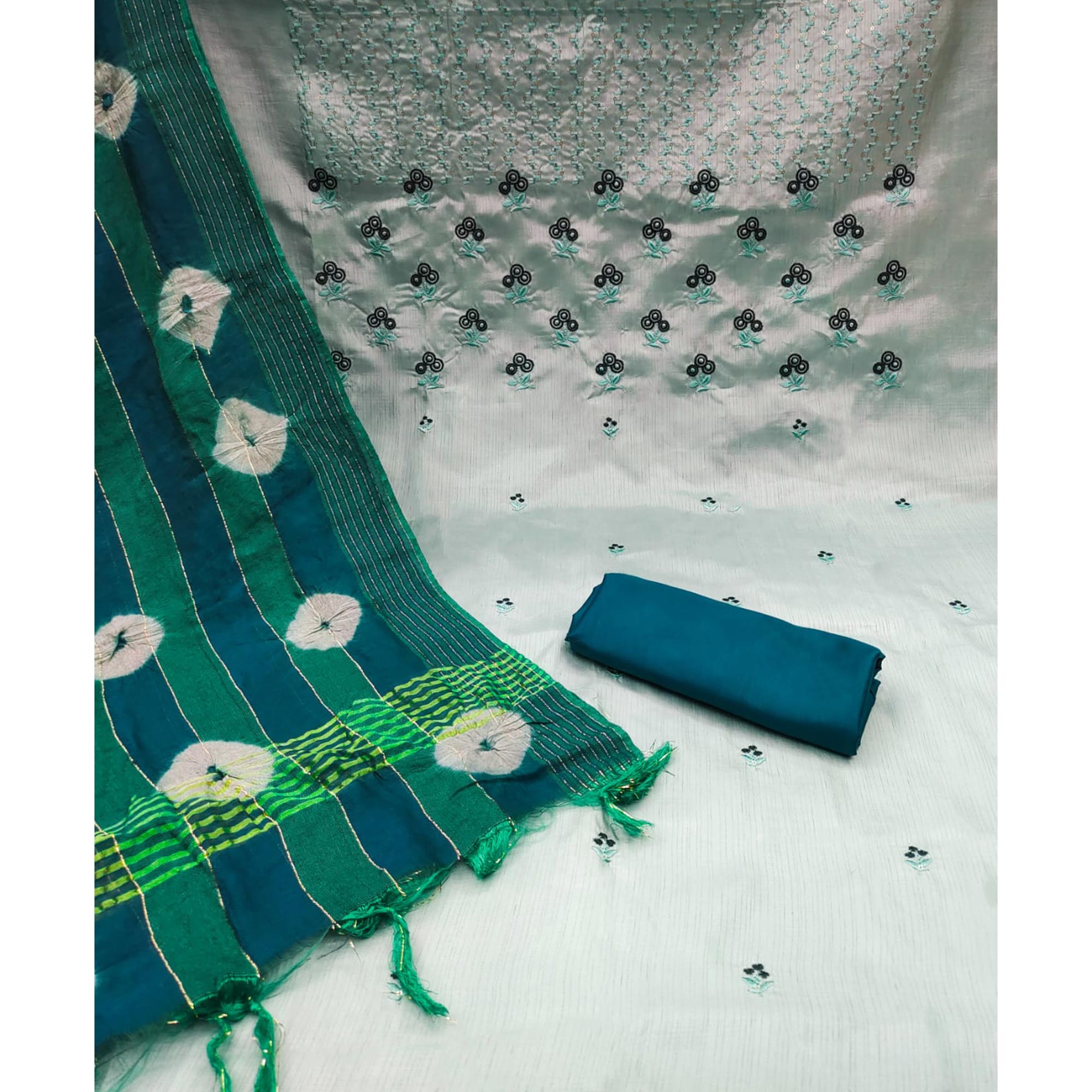 Sky Blue Floral Sequins Embroidered Art Silk Dress Material