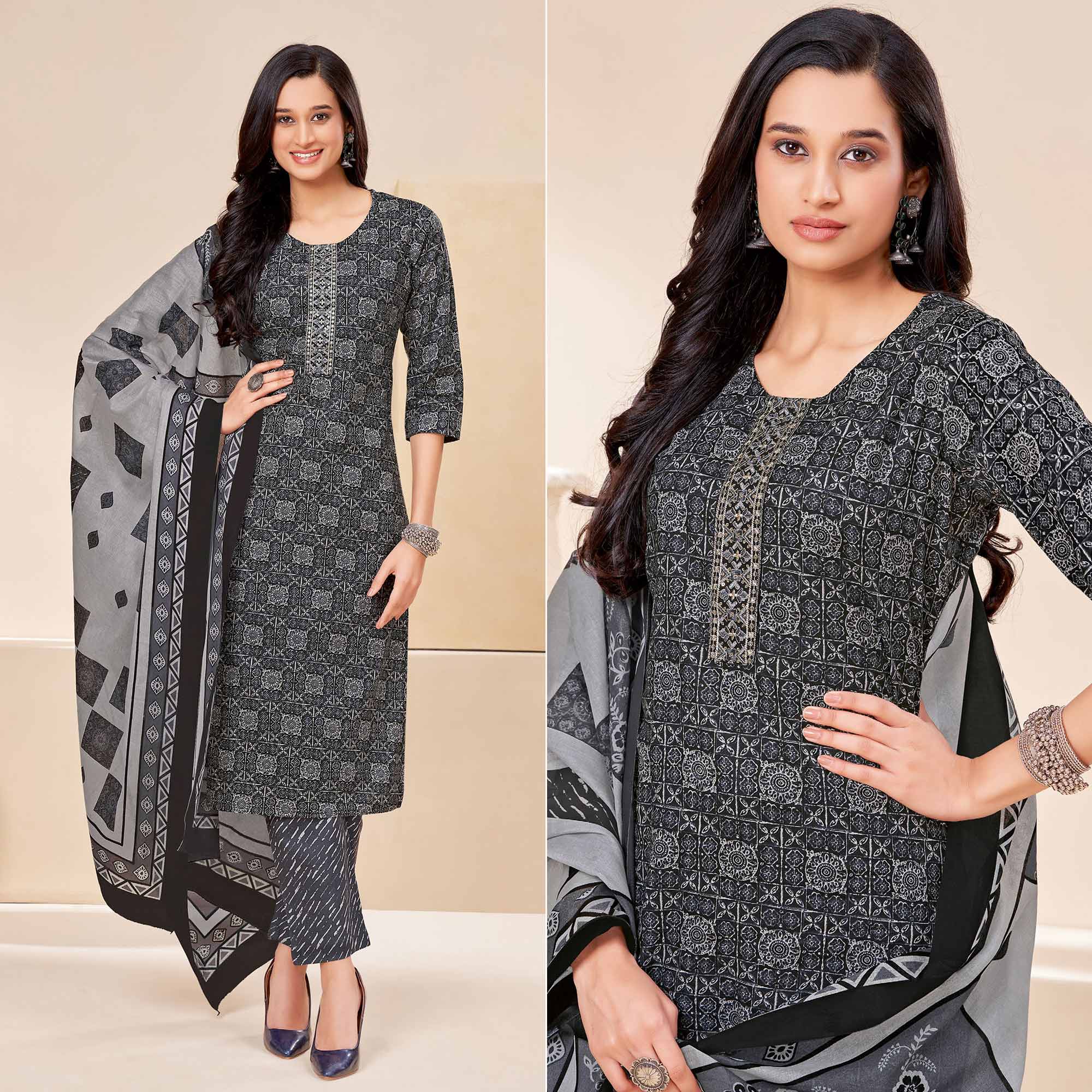 Black Printed With Tie Embroidered Pure Cotton Suit