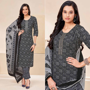 Black Printed With Tie Embroidered Pure Cotton Suit